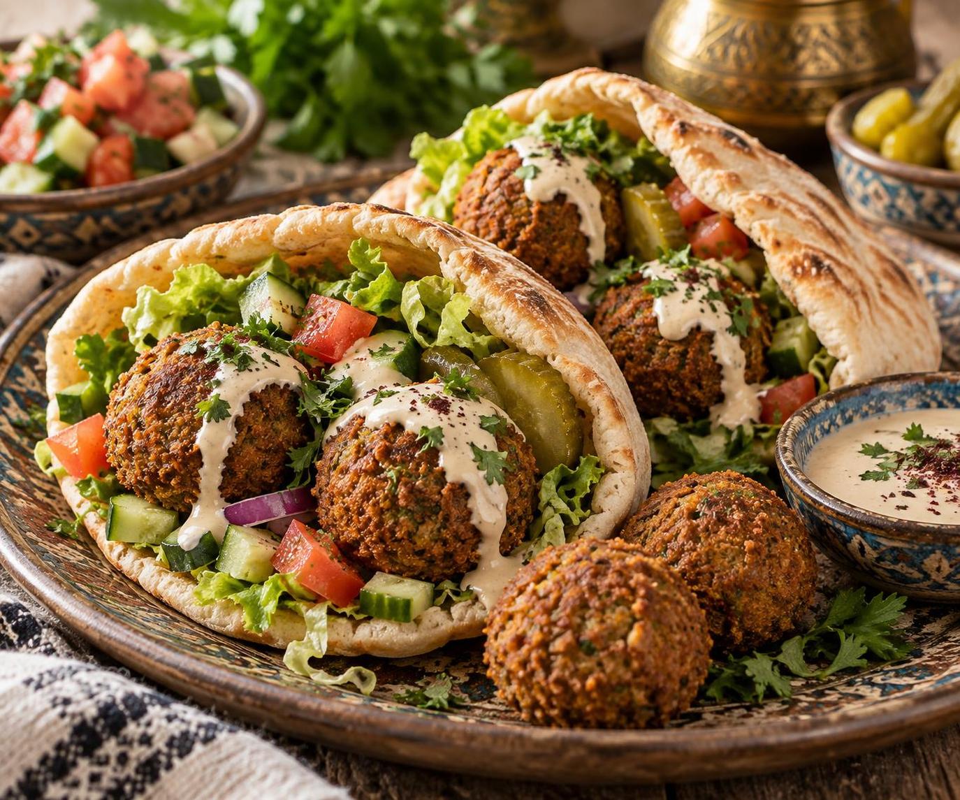 Israeli chickpea croquettes (falafel) are golden‑brown crispy balls served in flatbreads with tahini sauce and greens.