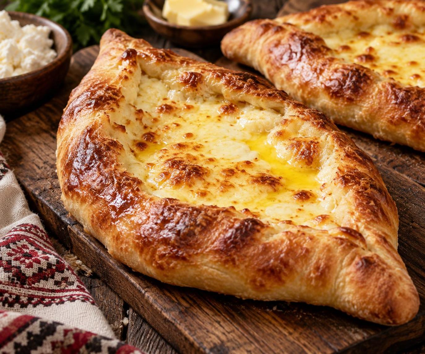 Cheese khachapuri are golden‑brown flatbreads with melted cheese filling, lightly glossy from butter.