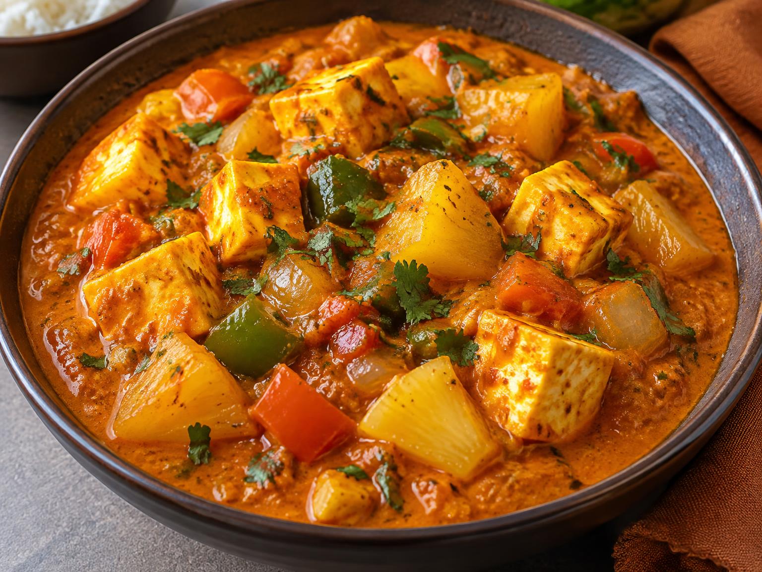 A vibrant, orange-hued dish of stewed vegetables with chunks of pineapple, paneer, and fragrant spices, resembling a thick, tangy-sweet curry with a tender texture.