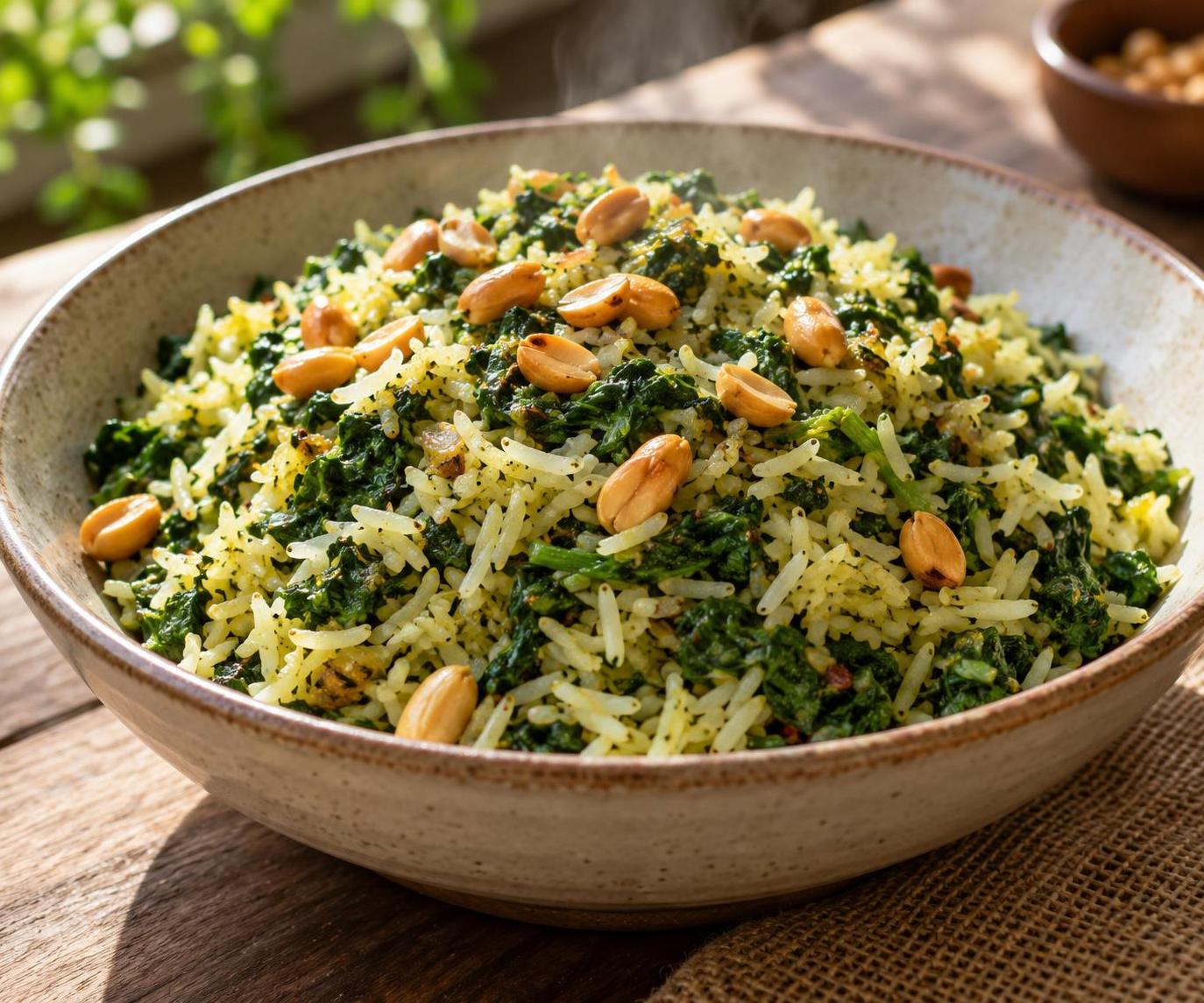 Palak chawal — fragrant rice with spinach, consisting of fluffy rice grains mixed with finely chopped bright‑green spinach, often topped with toasted peanuts.