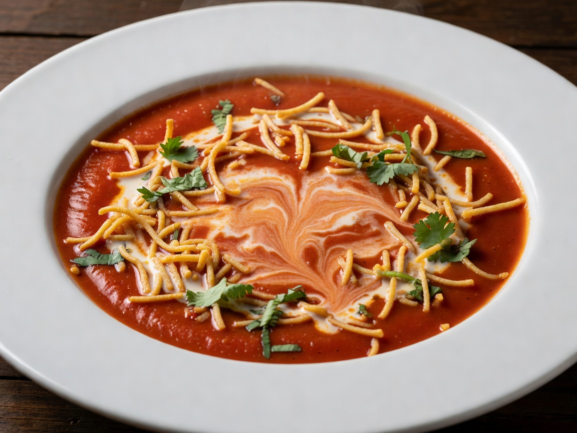 The dish is Tamatar ka soup — a rich, velvety tomato soup with a creamy milk-based sauce, topped with crispy vermicelli and fresh cilantro, resembling a vibrant red cloud on the plate.