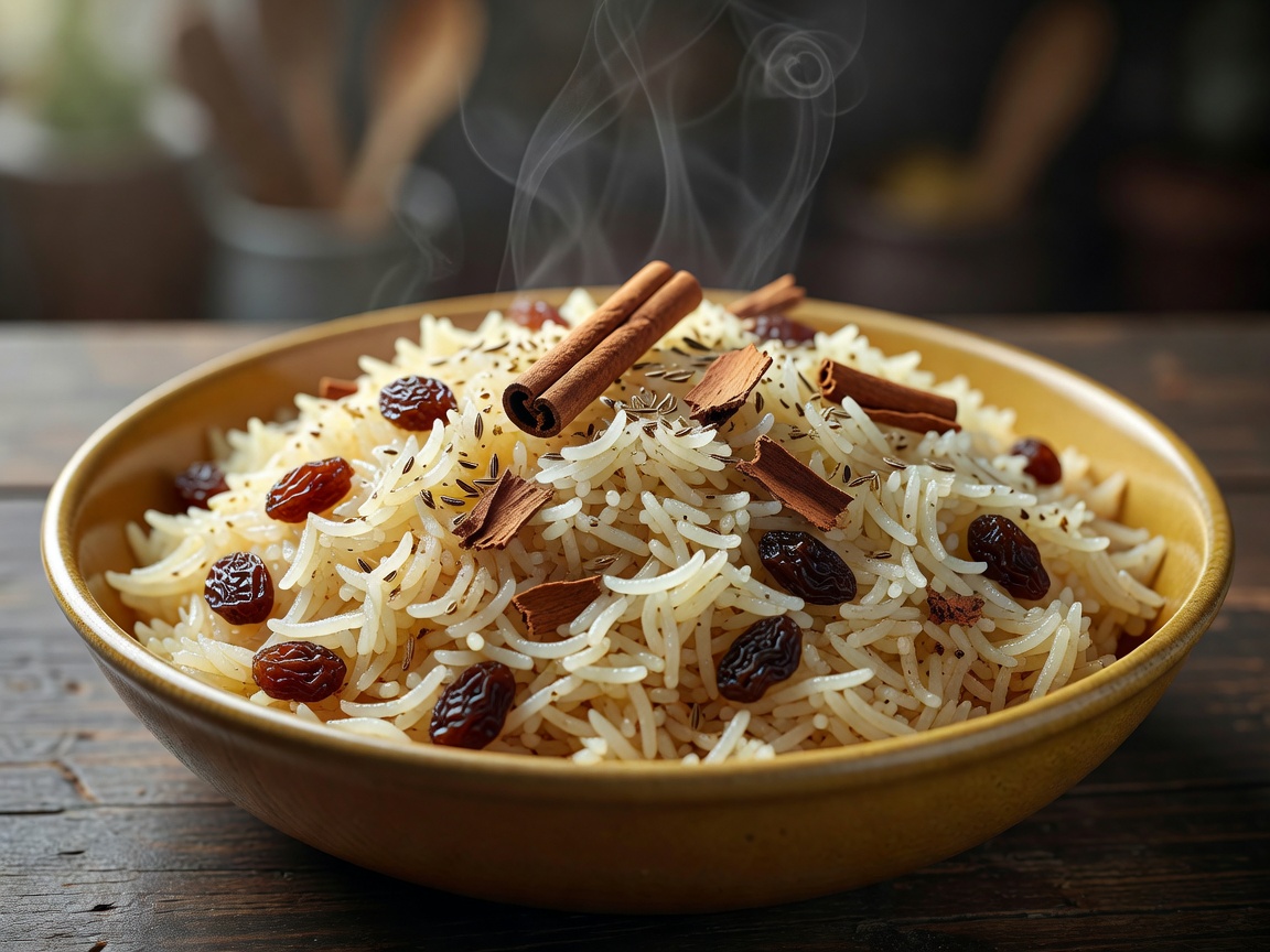 A golden-yellow dish of fragrant basmati rice with translucent grains, studded with raisins and garnished with spiced cinnamon and cumin, served hot with a light steam.
