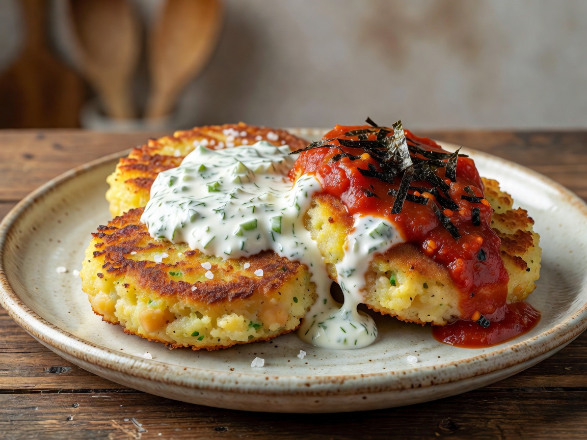 Fluffy golden chickpea patties topped with a thick cooling yogurt-based or spicy tomato-nori sauce.