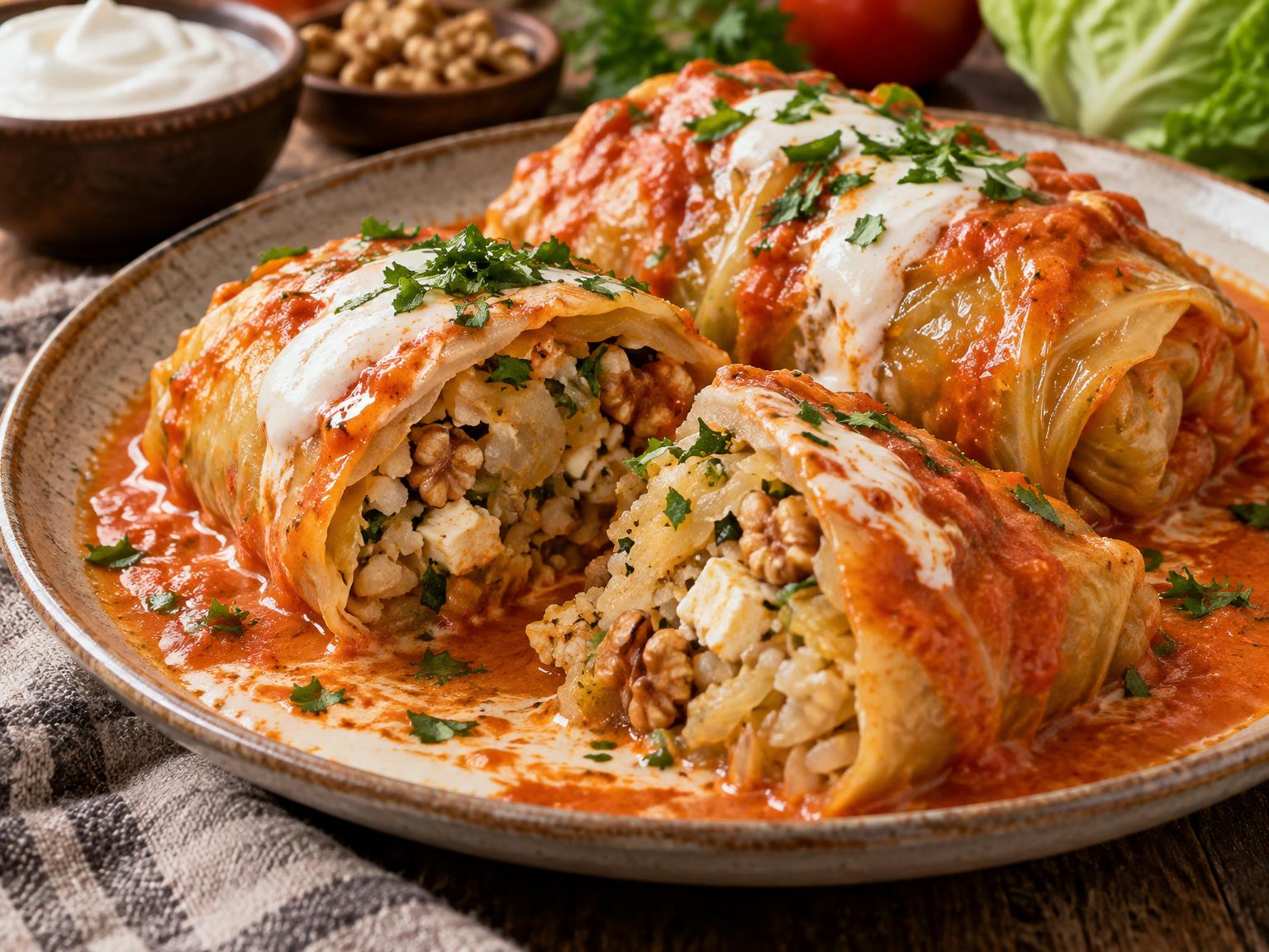 Plump cabbage rolls stuffed with fragrant rice-soy mix and sour cream, alongside a delicate filling of walnuts, paneer, and boiled cabbage, all enveloped in a rich tomato-sour cream sauce.