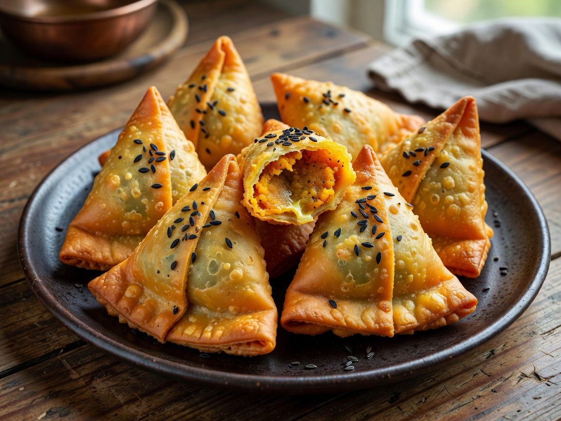 Golden triangular samosas with spiced pumpkin and butter filling, topped with kalinji.