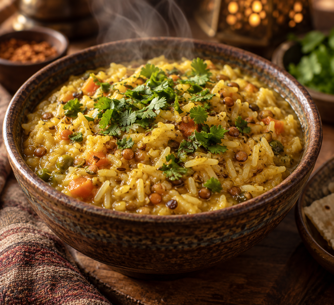 Kichri is a golden, fragrant dish made from a mix of cooked masoor dal, long-grain rice, vegetables, and spiced masaala in ghee, garnished with fresh cilantro.