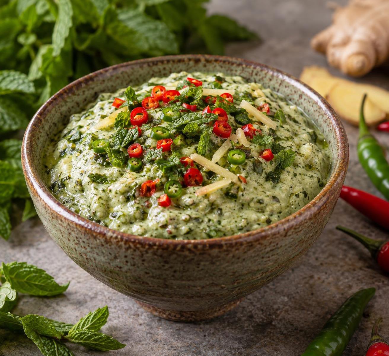 A thick greenish-white minty paste with vibrant flavors of fresh mint, ginger, and chili, garnished with finely chopped chili peppers.