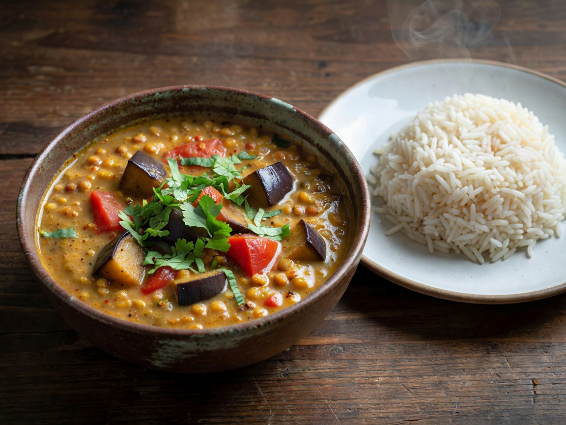 A creamy mixed lentil soup with eggplant, tomatoes, and spiced garam masala, garnished with fresh cilantro, served with steamed rice.
