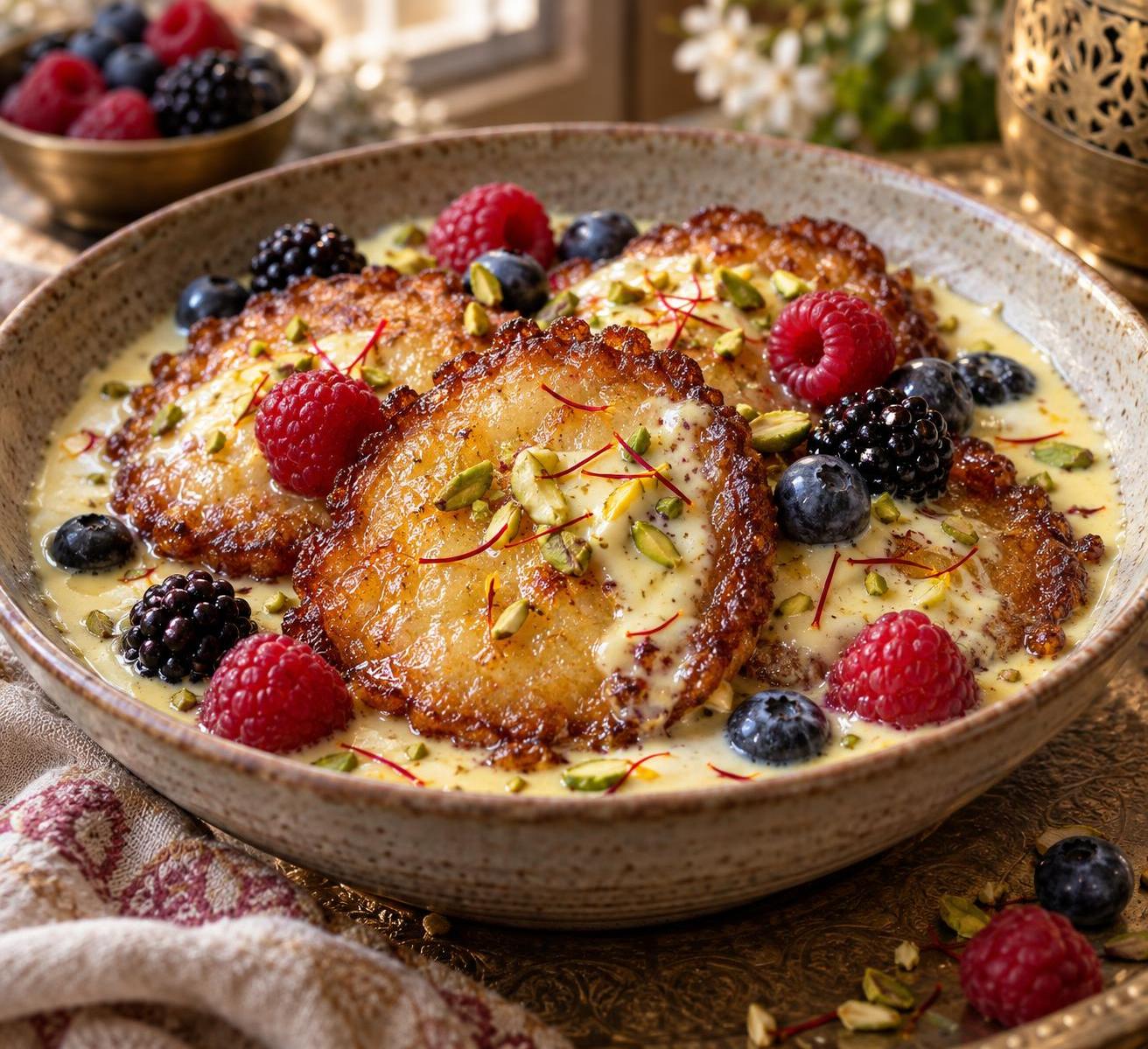 Malpuras are golden‑brown sweet dumplings with a crisp crust, soaked in fragrant yogurt with berries.