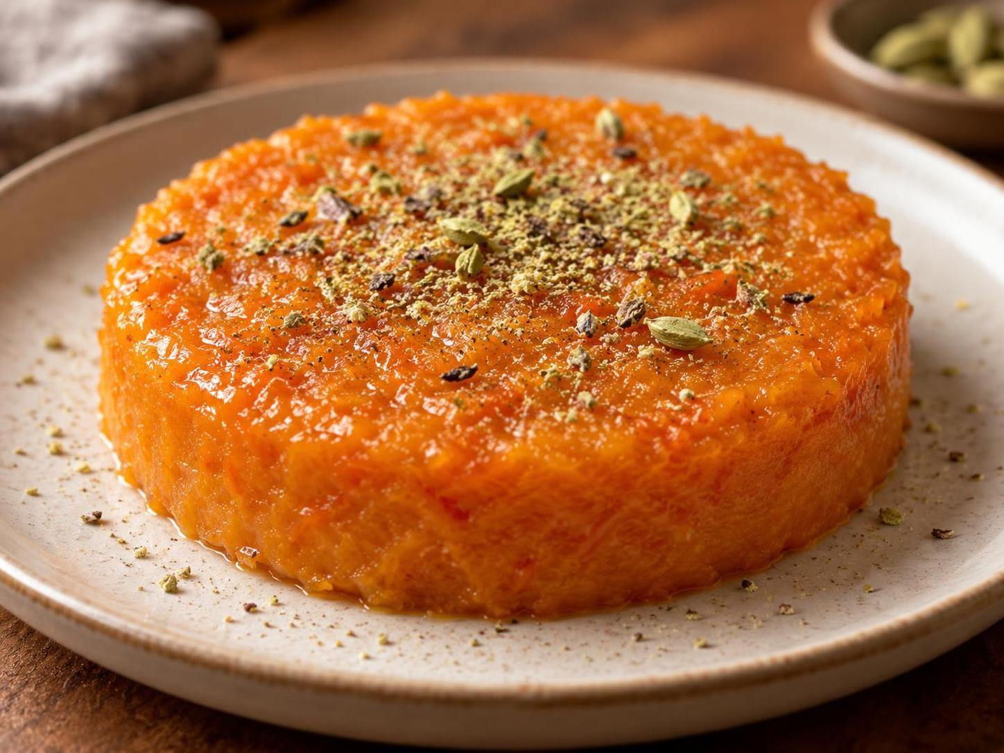 A smooth golden-orange carrot pudding shaped into a round slab 2.5 cm thick, sprinkled with fragrant cardamom.