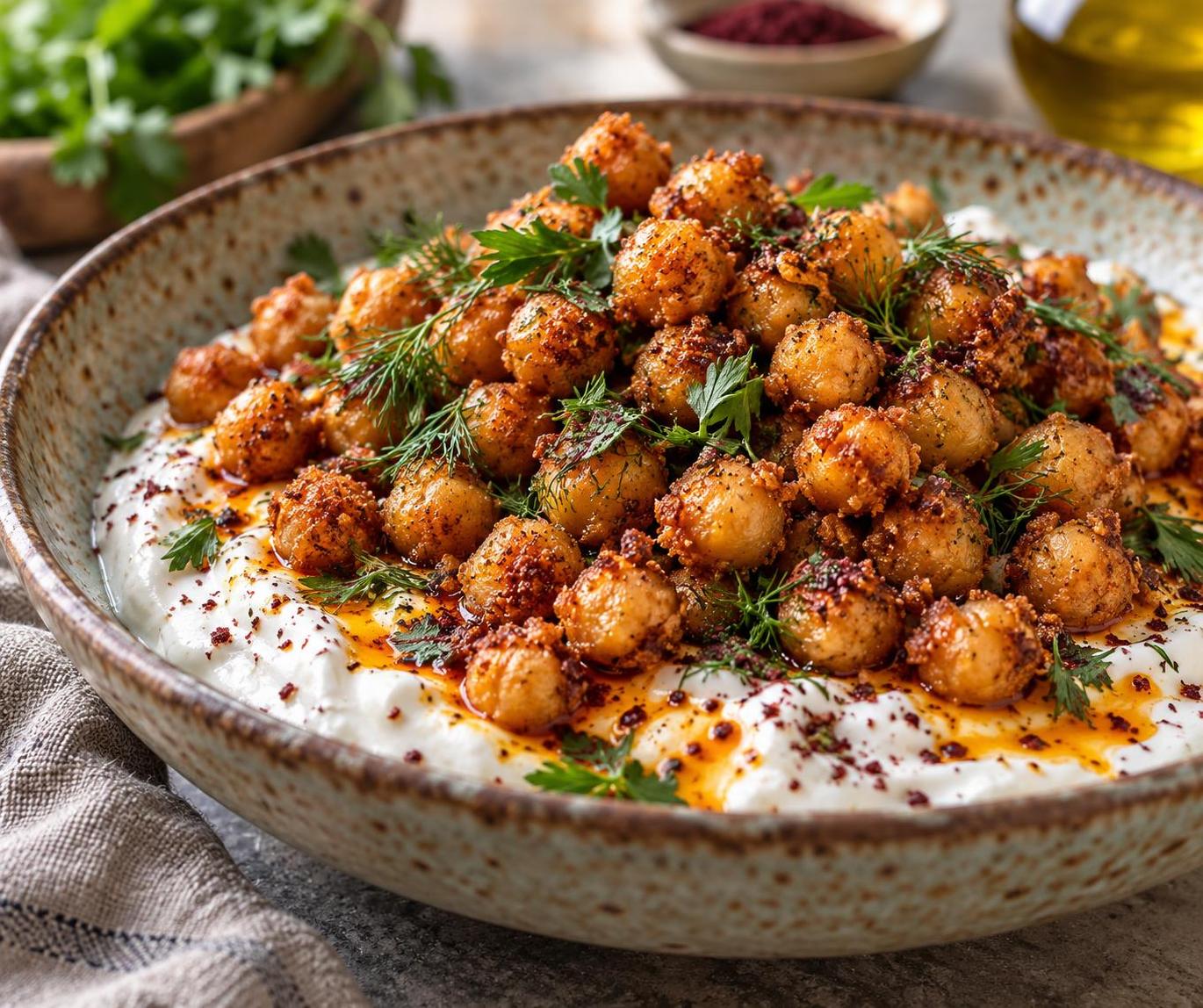 Fried Turkish chickpeas in yogurt, golden‑brown with a crispy coating.