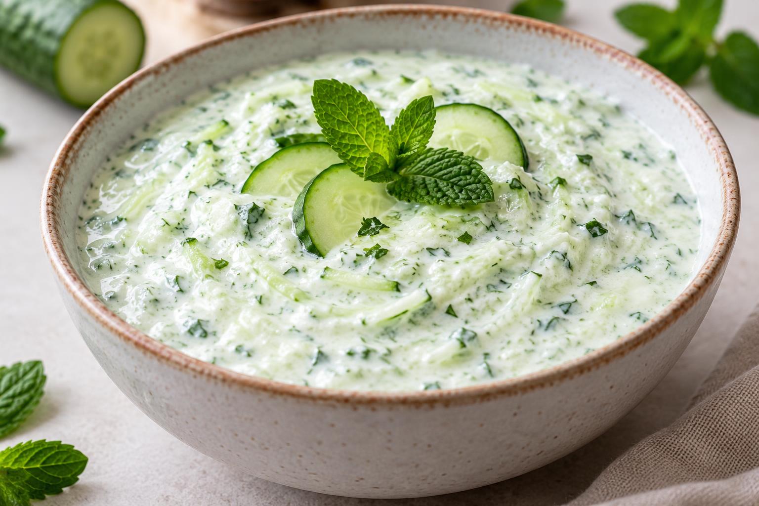Howri raita is a chilled salad of grated cucumbers mixed with yogurt and aromatic spices, served as a uniform whitish‑green mixture.