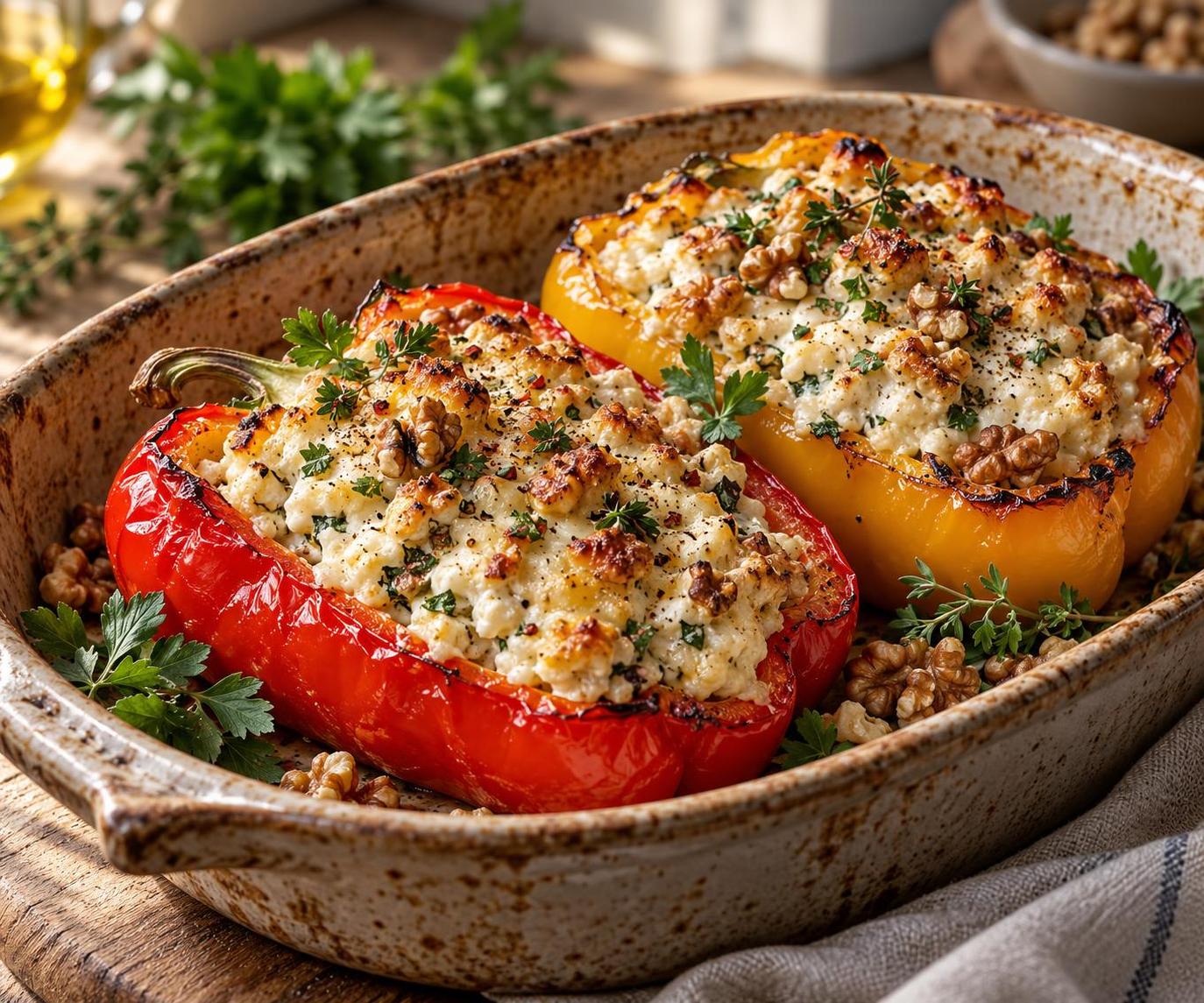 Stuffed pepper — halved large sweet peppers filled with a creamy stuffing of cottage cheese, walnuts and spices, baked until tender with a light golden crust.