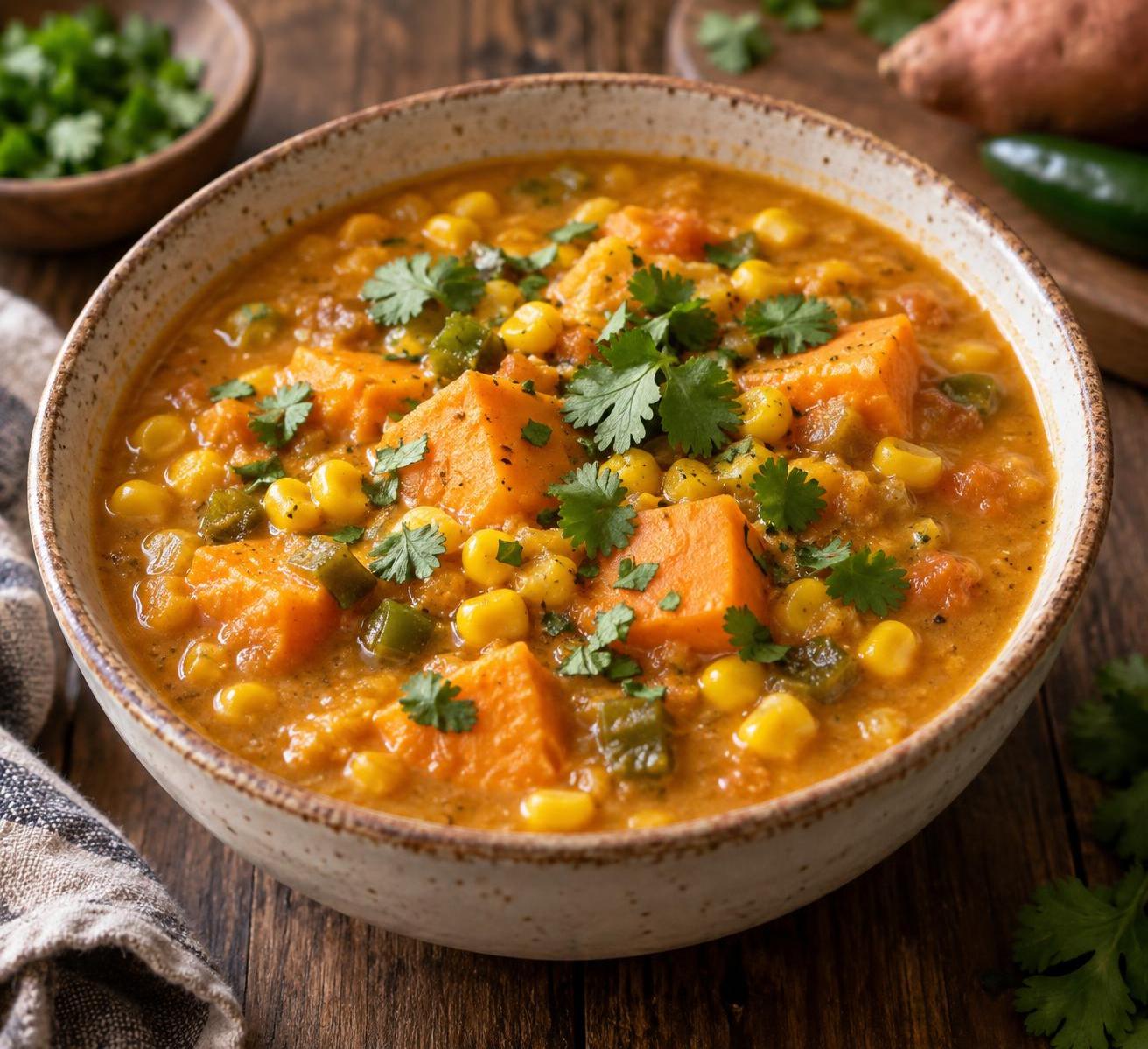 Sweet potato and corn chili soup is a thick golden-orange soup with chunks of sweet potato, yellow corn kernels, and tiny pieces of green chili, garnished with fresh cilantro.