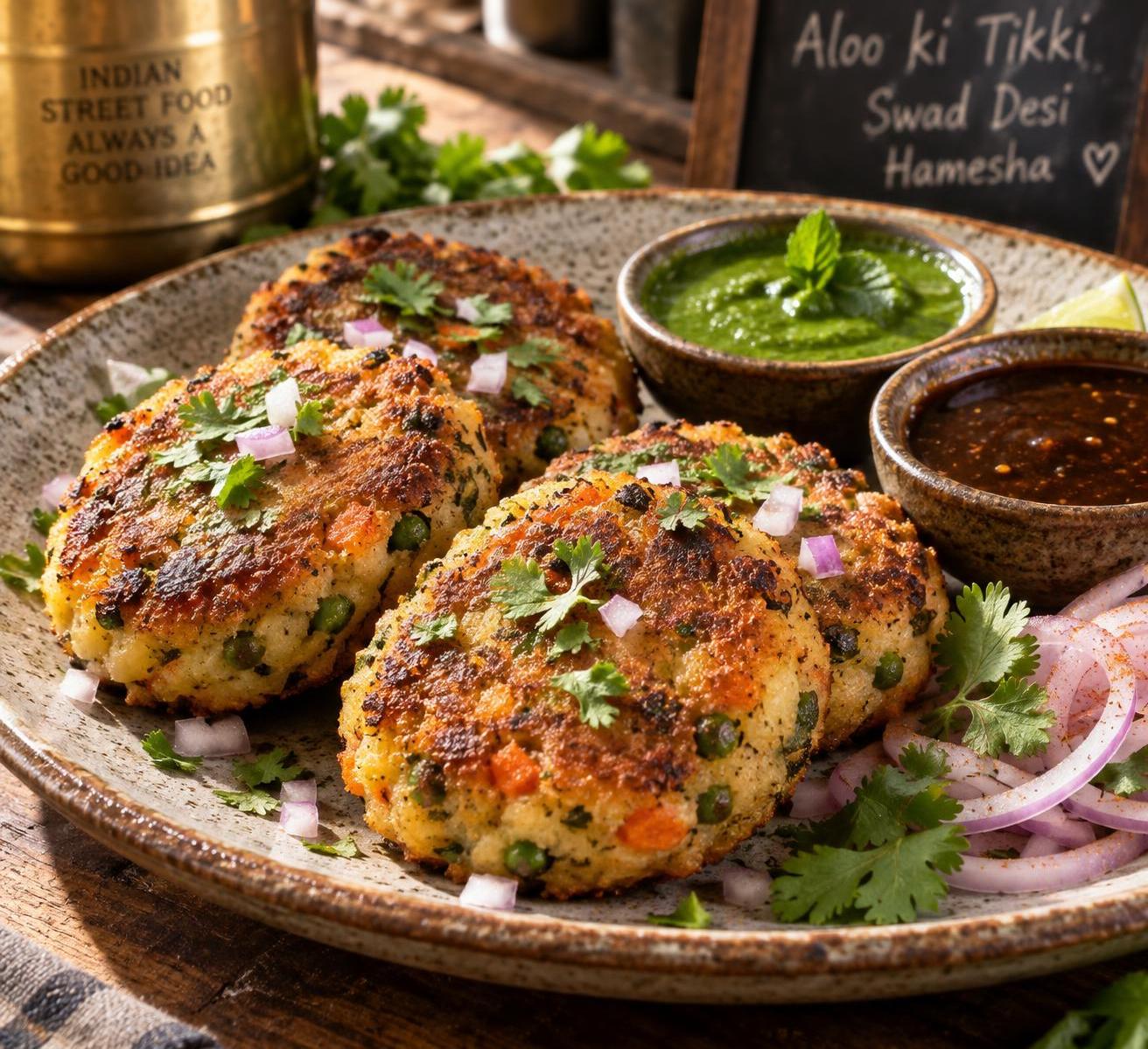 Aloo ki tikki are golden potato cutlets with vegetables and spices, crispy on the outside and tender inside.