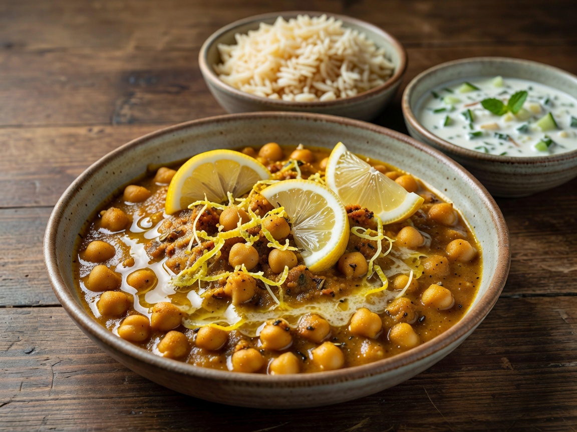 A rich golden-brown spiced chickpea curry with zesty lemon notes and glossy ghee finish, served as a standalone dish or side.