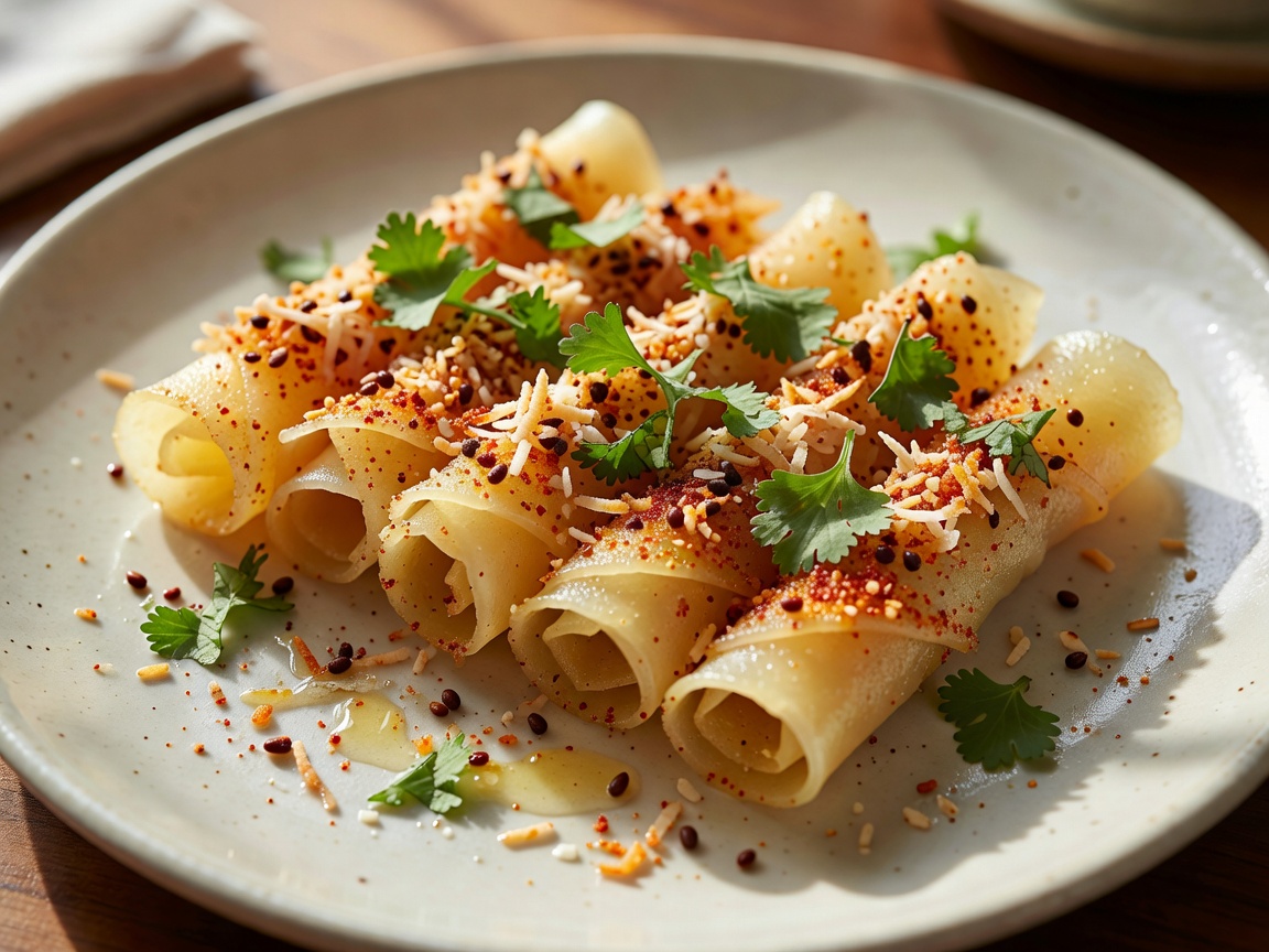 Khandvi are delicate golden rolls made from thin chickpea flour sheets, garnished with spicy mustard-coconut seasoning and fresh cilantro, glistening like sunbeams on the plate.
