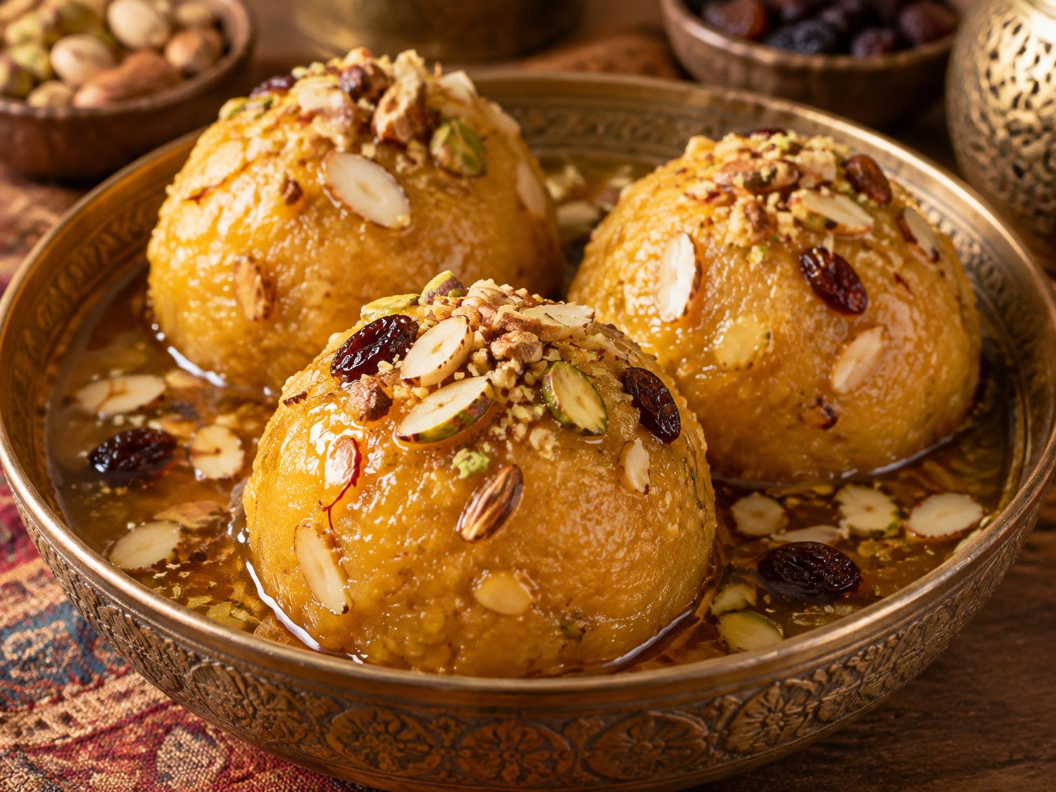 Luglu are golden‑yellow balls made from chickpea flour, soaked in a fragrant syrup with dried fruits and nuts, about the size of a fist.