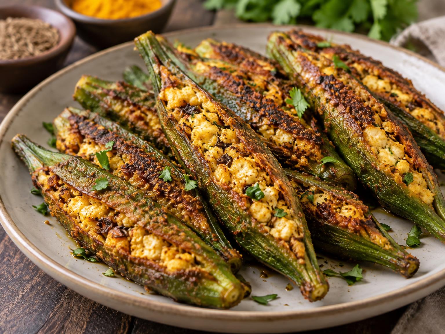 Elegant golden-brown okra pods neatly stuffed with spiced paneer paste featuring cumin, turmeric, and fresh herbs, fried to a crispy crust.
