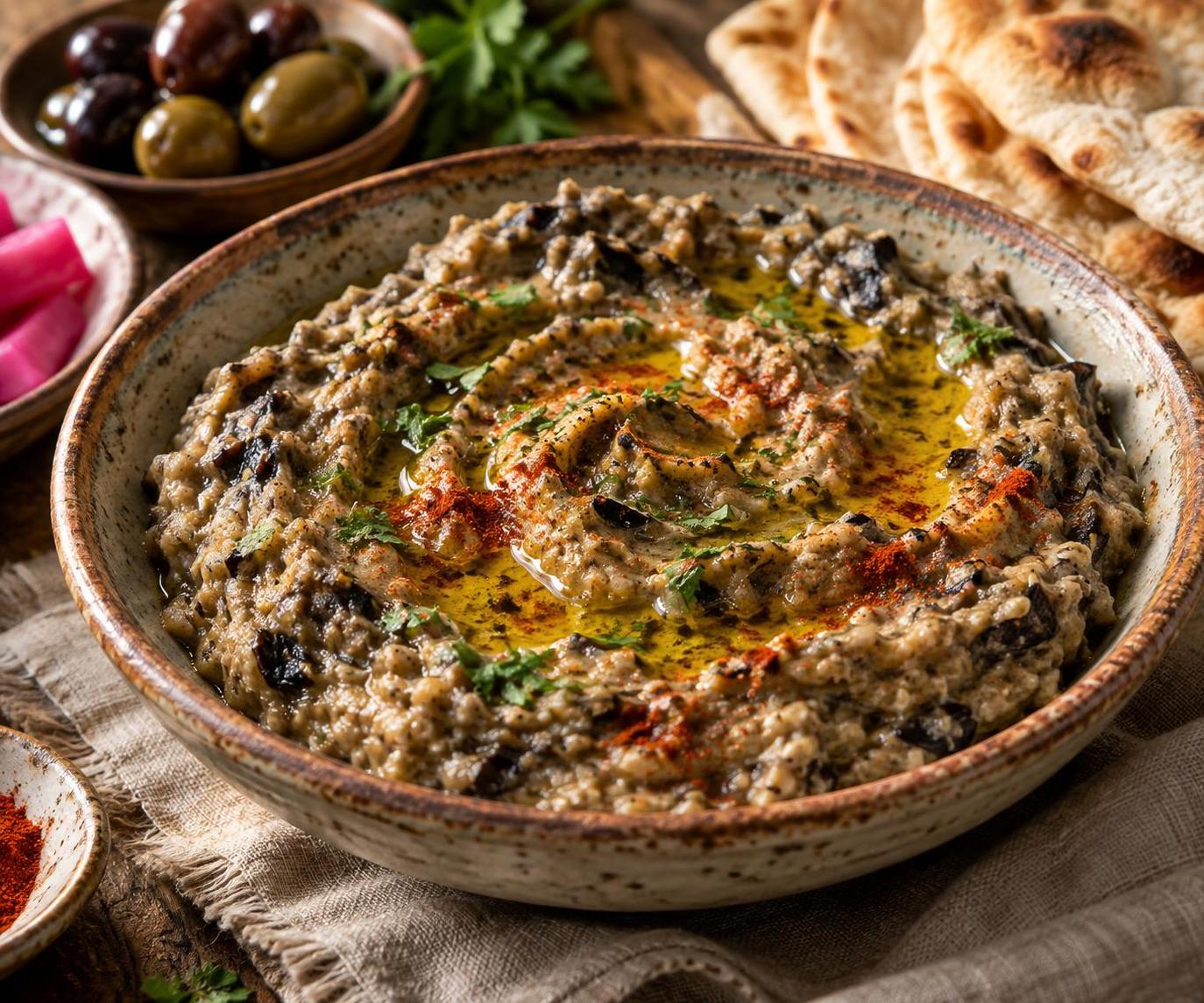 Lebanese eggplant dip (baba ganoush) is a smoky‑aromatic dark brown paste with a light texture, finished with a drizzle of olive oil and a sprinkle of paprika.