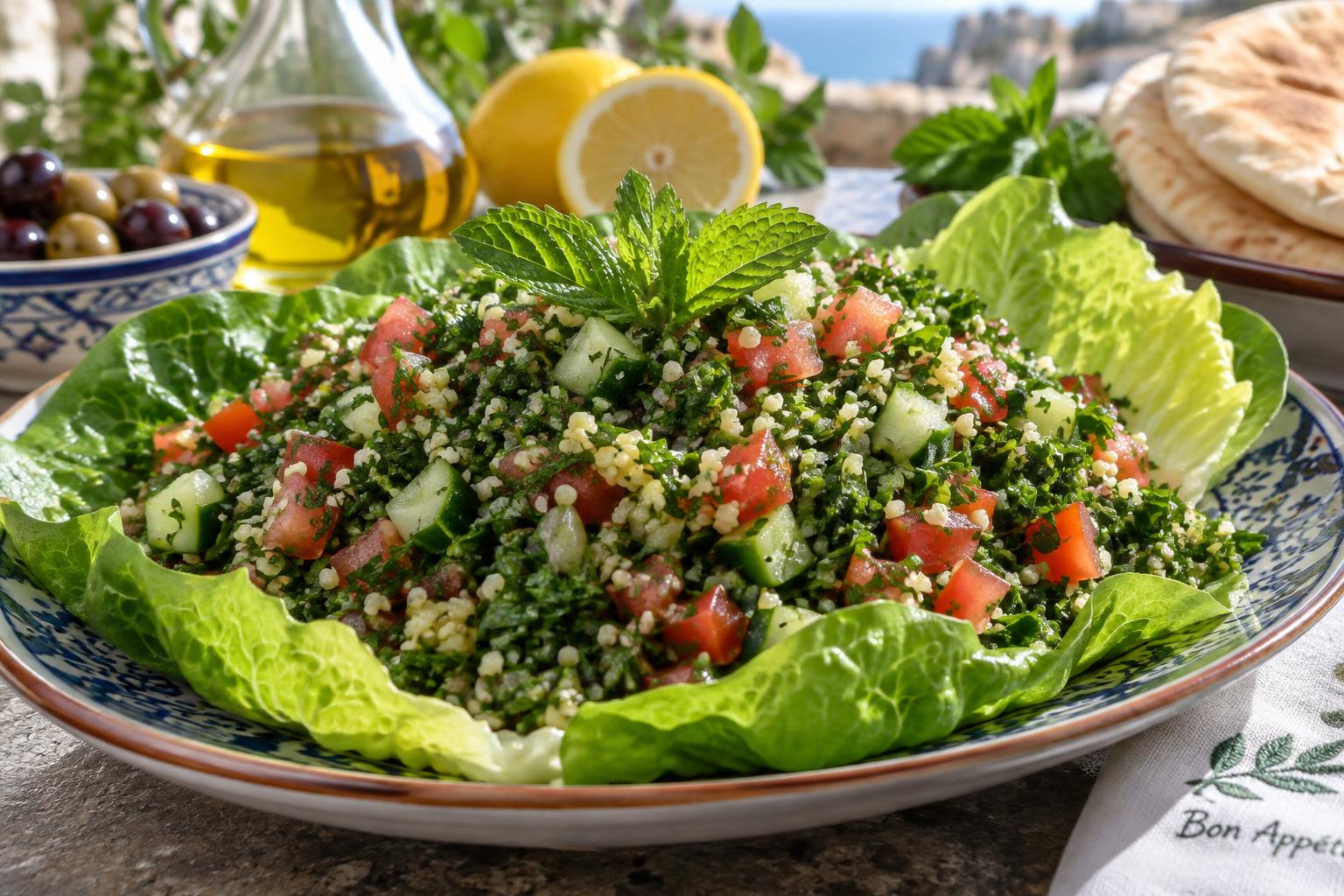 The Lebanese bulgur salad (Tabbouleh) is a vibrant green mix of fine bulgur, fresh parsley, mint, cucumbers and tomatoes, dressed with lemon juice and olive oil, served on lettuce leaves.