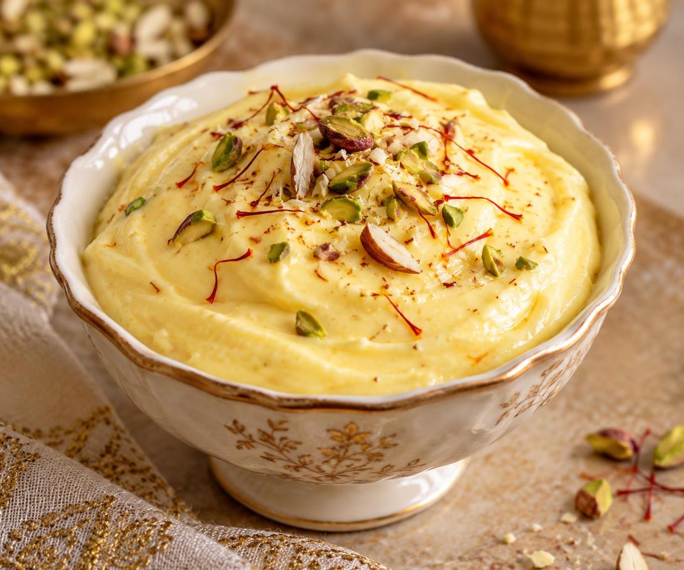 Shrikhand is a thick, creamy, saffron‑infused yogurt dessert, pale yellow with golden saffron strands, served chilled.