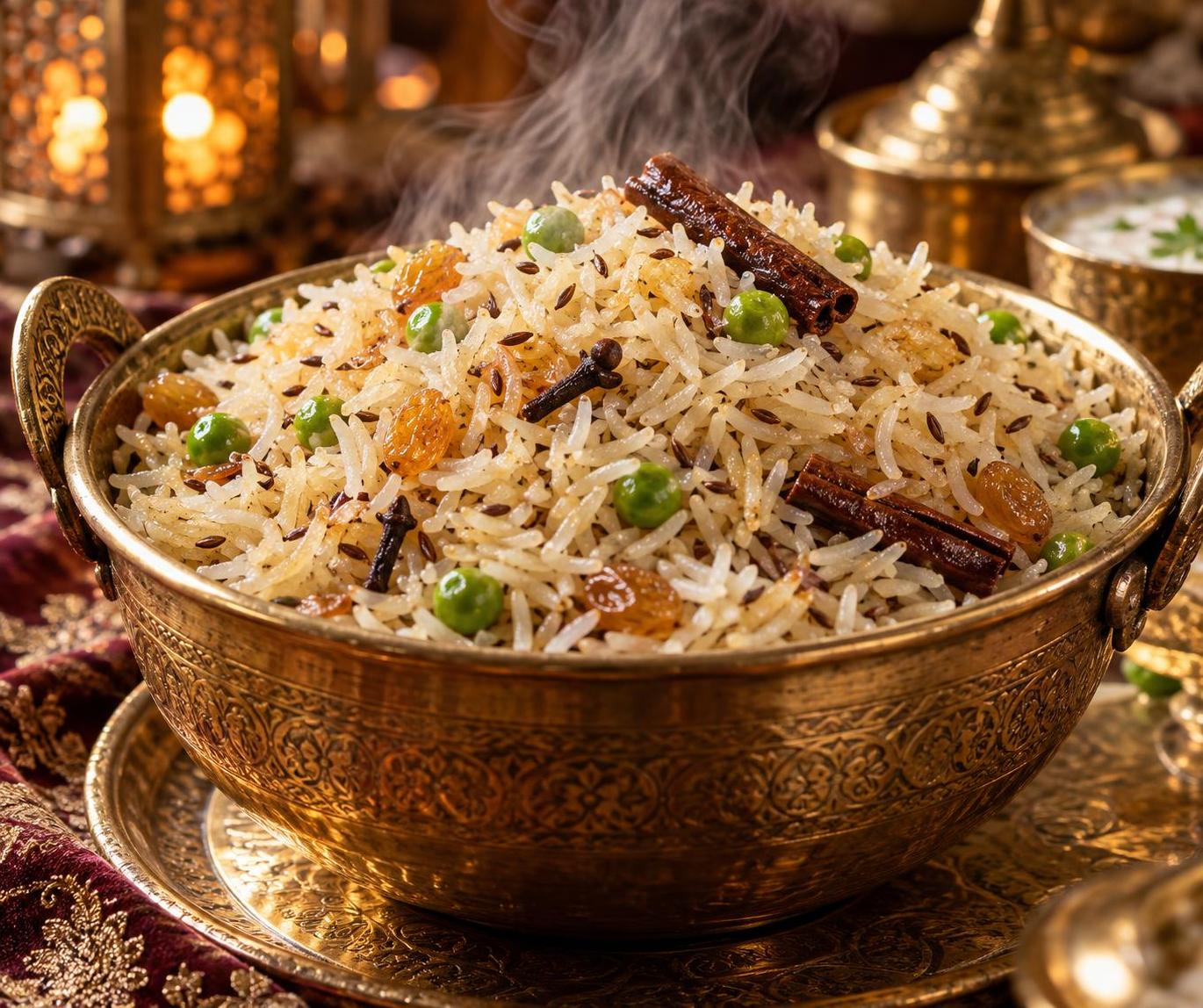 Mughlai cumin rice (jeera pulao) is fluffy aromatic basmati with golden cumin seeds, cloves, cinnamon, raisins and green peas, served hot.