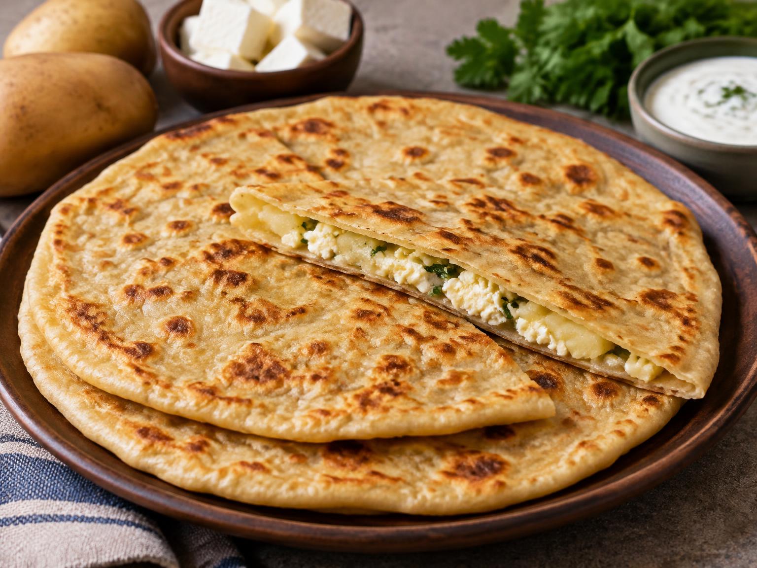Khychins are flat, thin golden‑colored flatbreads filled with potato and paneer.