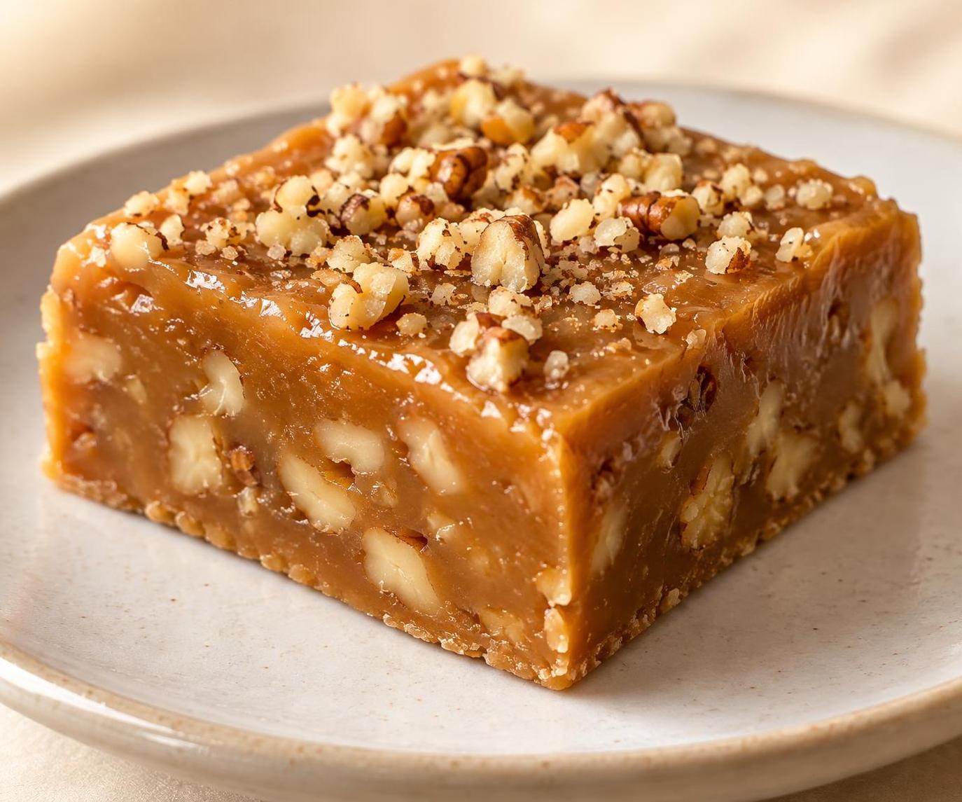 Nut fudge is a dense, glossy square piece of golden‑brown color with nut crumbs on the surface.