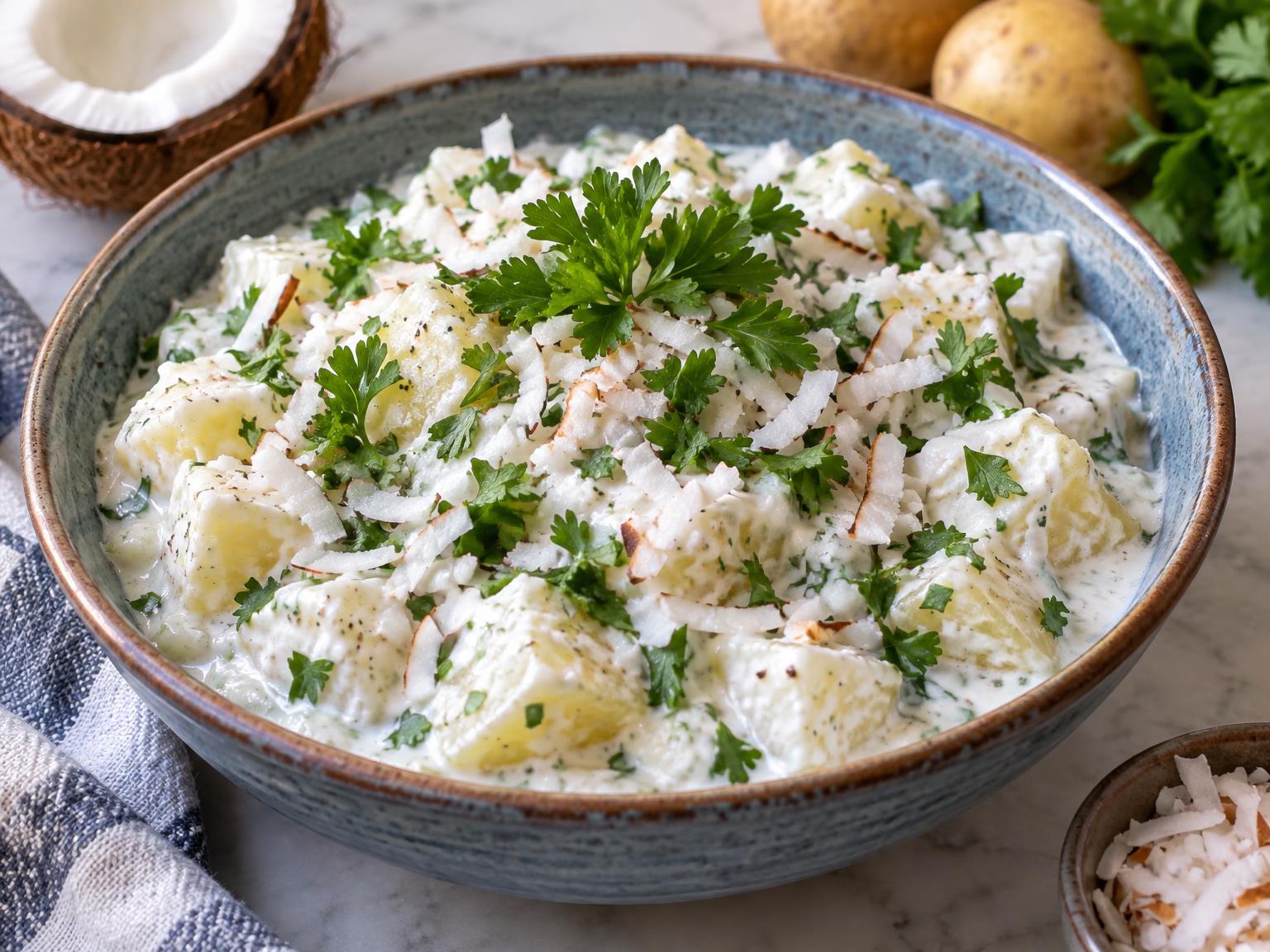 Aloo Nariyal Raita is a chilled potato salad with yogurt and coconut flakes, garnished with fresh parsley.