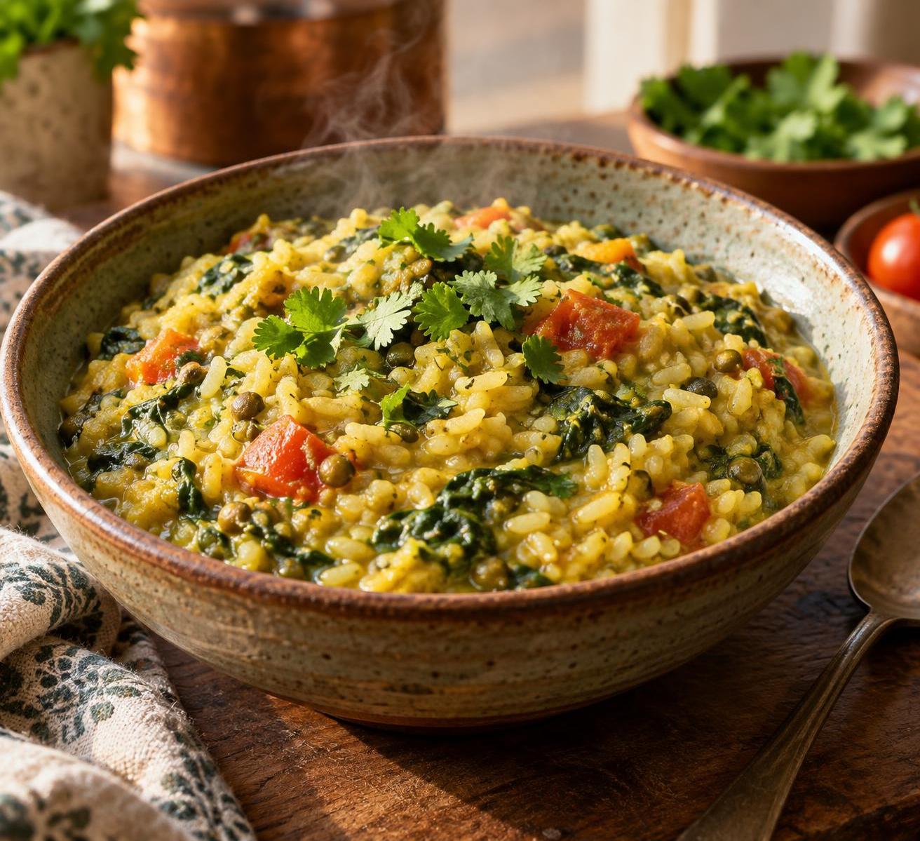 Gili khichri is a moist, fragrant dish of rice, mung dal, spinach and tomatoes, with a golden‑green hue and a soft texture.