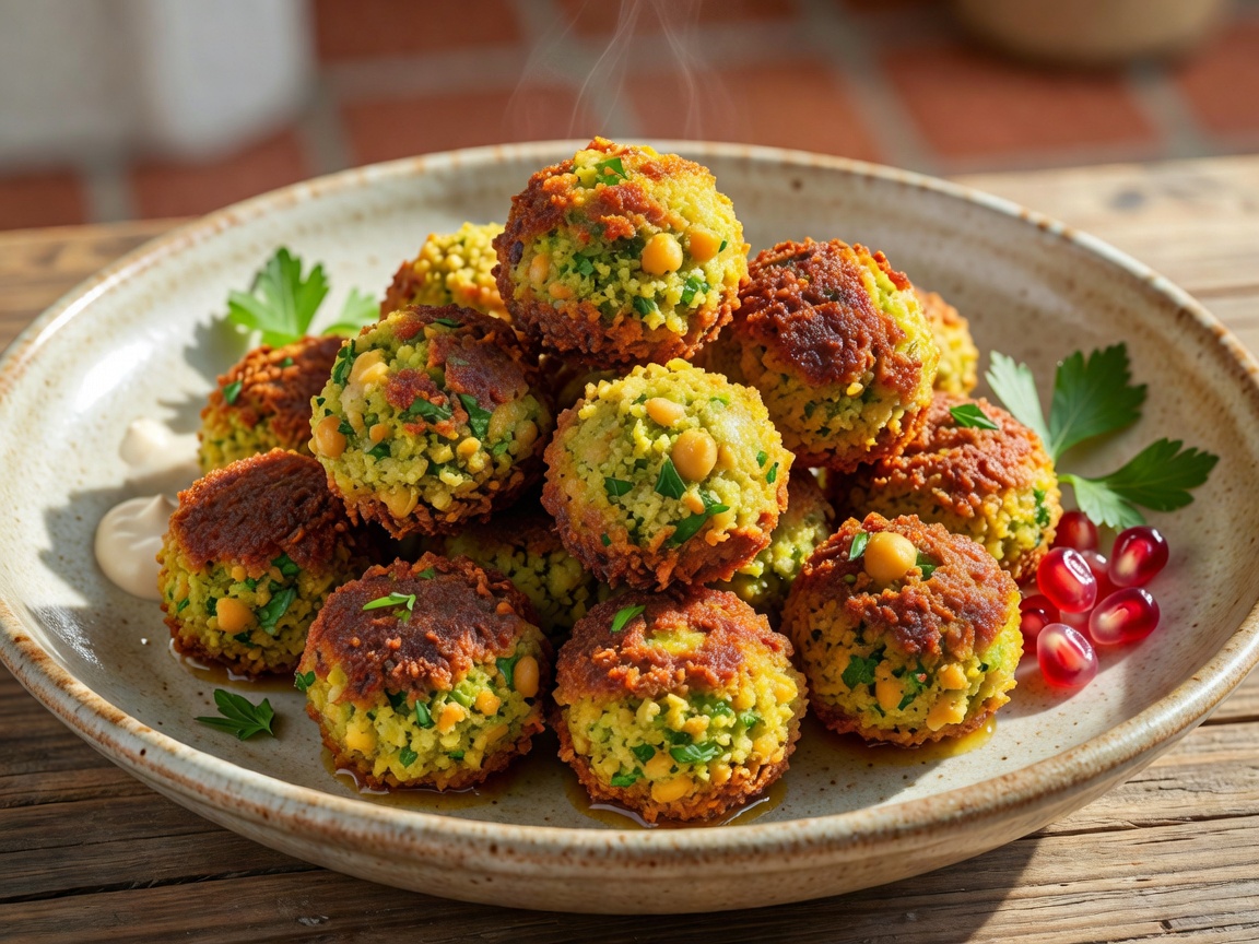 Golden-brown crispy falafel balls made from spiced chickpeas, fried to perfection with a tender interior.