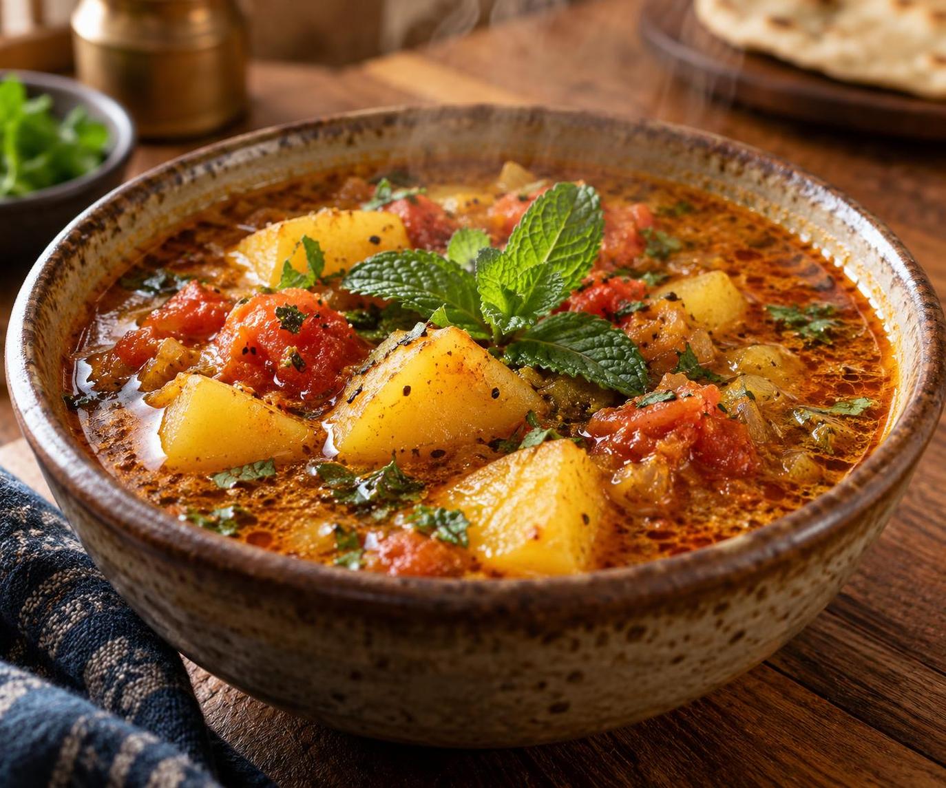 Curry Soup — a fragrant golden‑red broth with tender potato chunks, tomatoes and fresh mint, served hot.