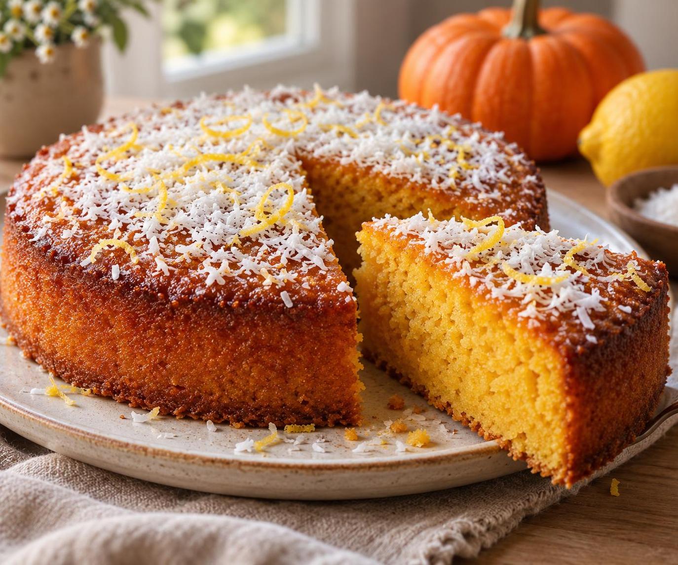 Pumpkin mannik is a golden‑brown moist cake with pumpkin and lemon zest, sprinkled with coconut flakes.