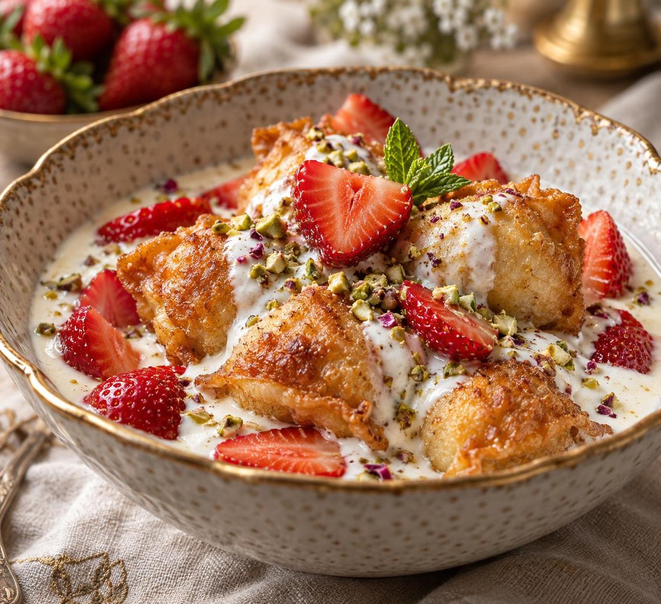 Golden-brown crispy dumplings floating in fragrant yogurt with strawberries, offering a delicate balance of crunch and softness.