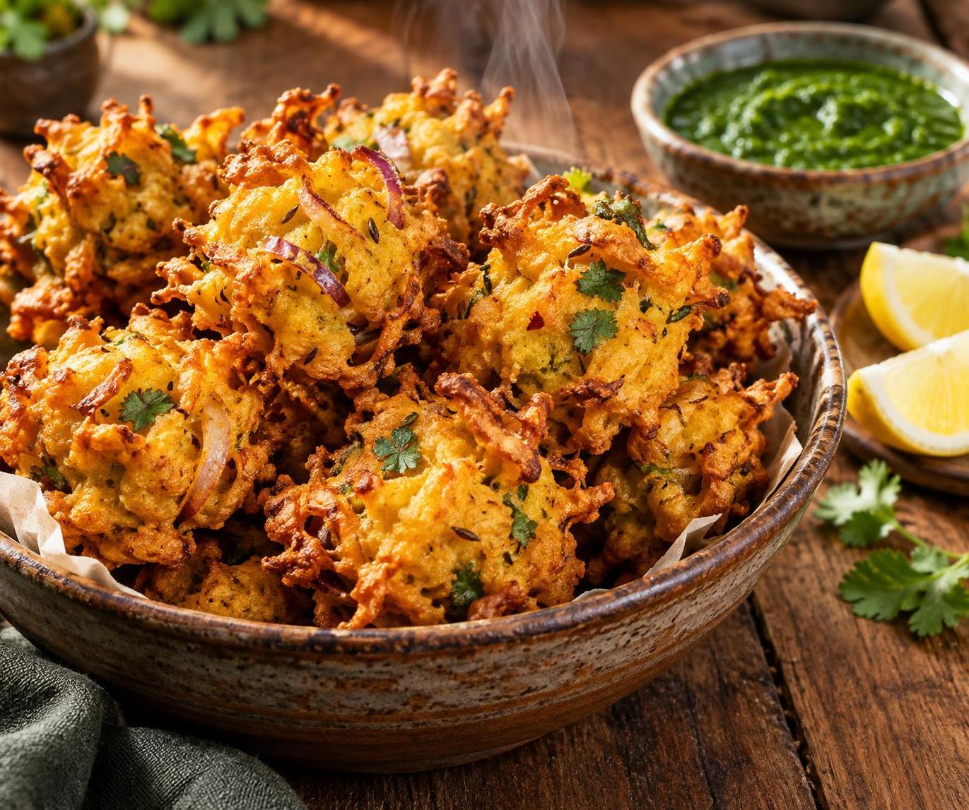 Golden crispy fritters made from chickpea flour infused with aromatic spices.