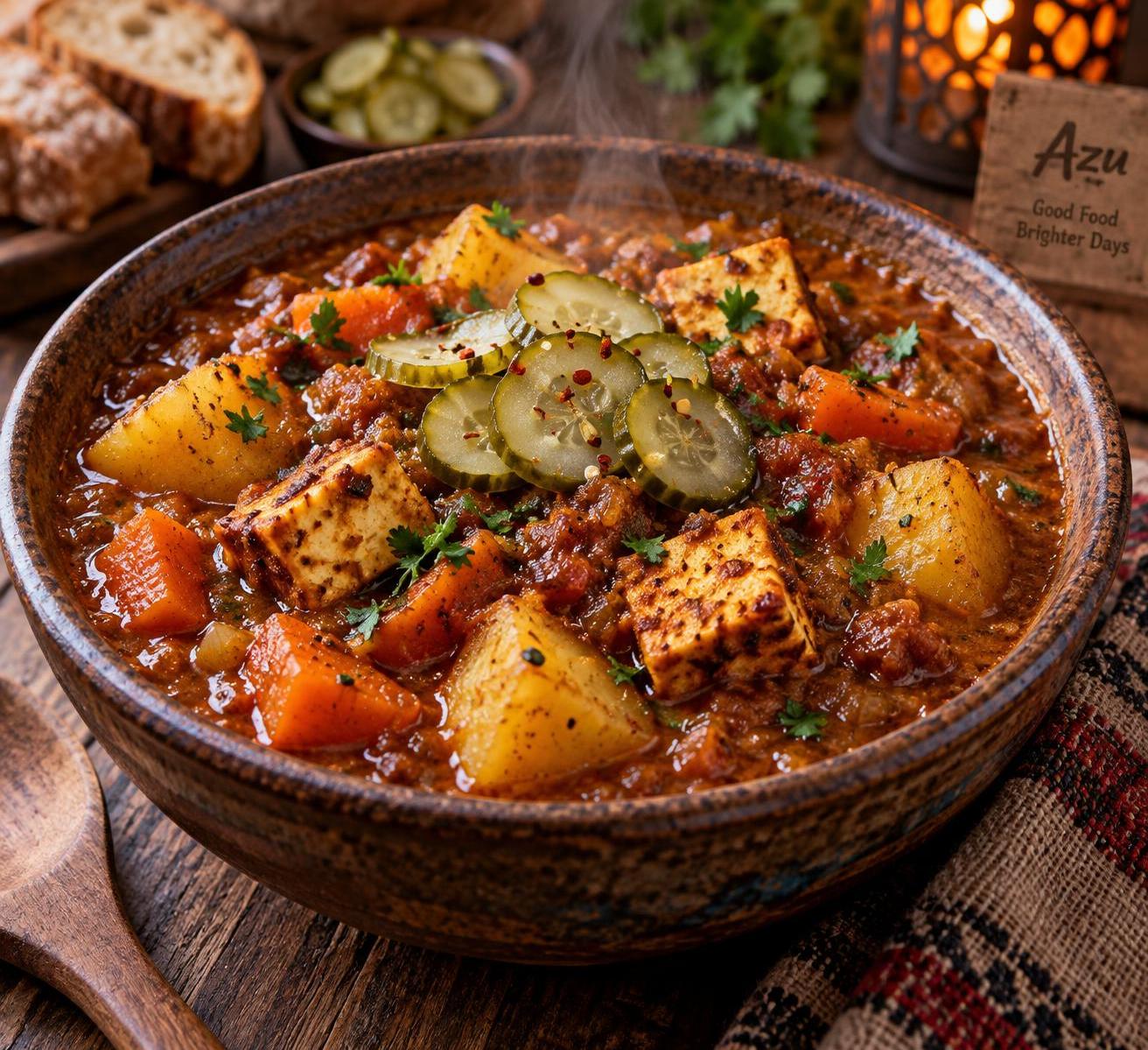Azu is a hearty vegetable stew with pickled cucumbers and baked paneer, served as a thick aromatic stew with golden cubes of potato, carrot and paneer, garnished with thin slices of pickled cucumber.