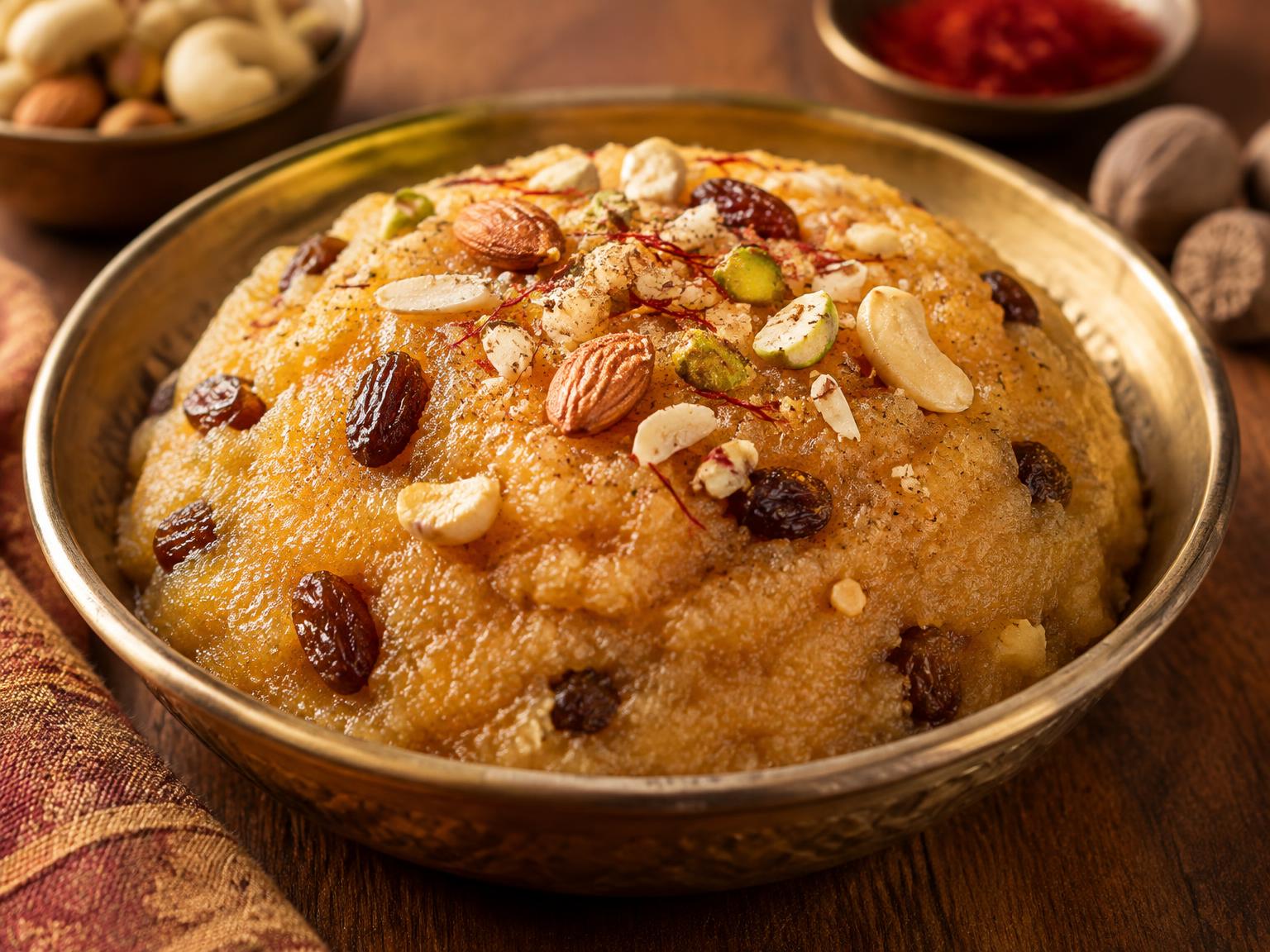 A golden‑brown semolina pudding flavored with saffron, nutmeg, raisins and nuts, served warm or at room temperature.