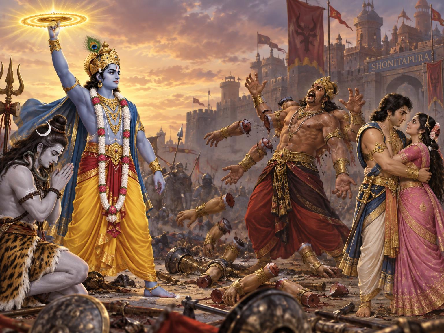 Krishna raises his Sudarshana disc as the bowed Shiva watches, Banasura’s extra arms fall away, and the freed Aniruddha reunites with Usha on the battlefield of Shonitapura.