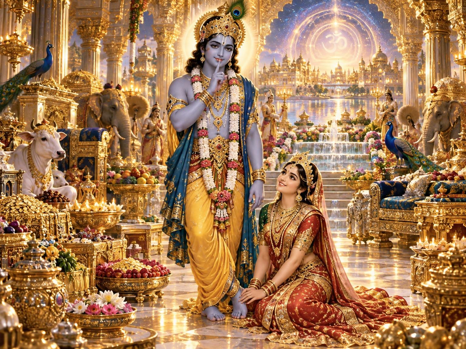 Krishna places his finger on his lips in a gesture of eternal silence while Rukmini stands at his feet, smiling, as the palace brimming with all things is filled with the fullness of the One.