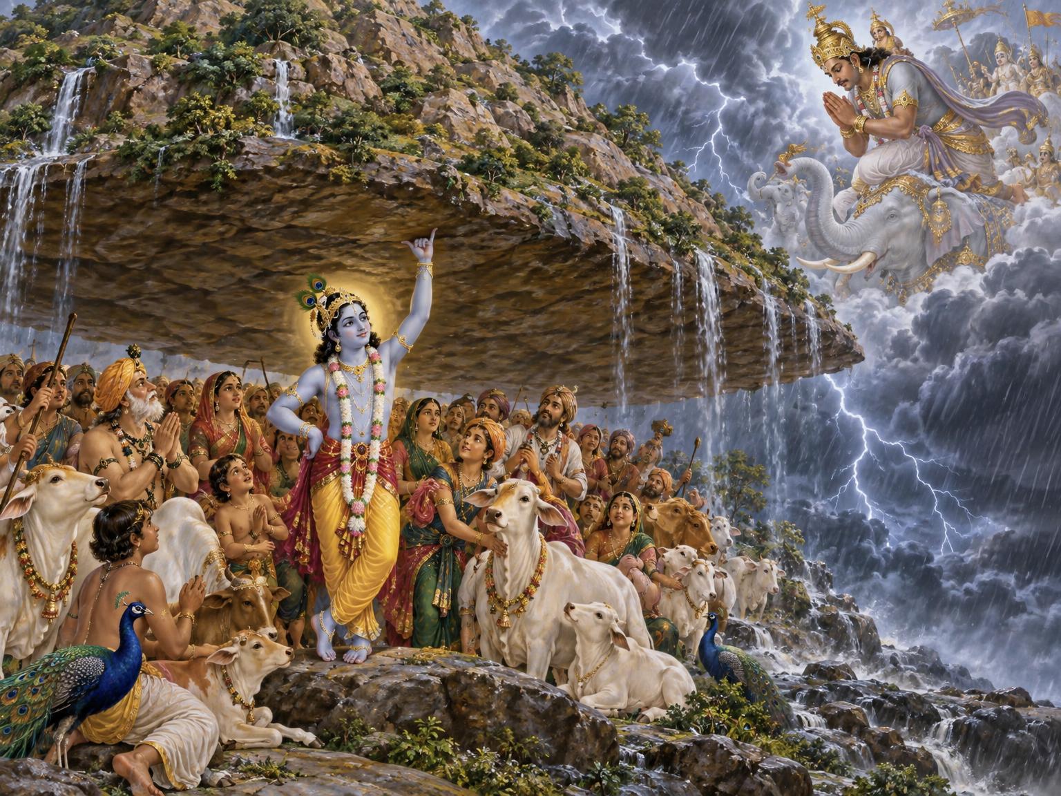 Krishna lifts Govardhana Hill with his little finger, sheltering the cowherds and their cattle from the storm while a humbled Indra bows before him.