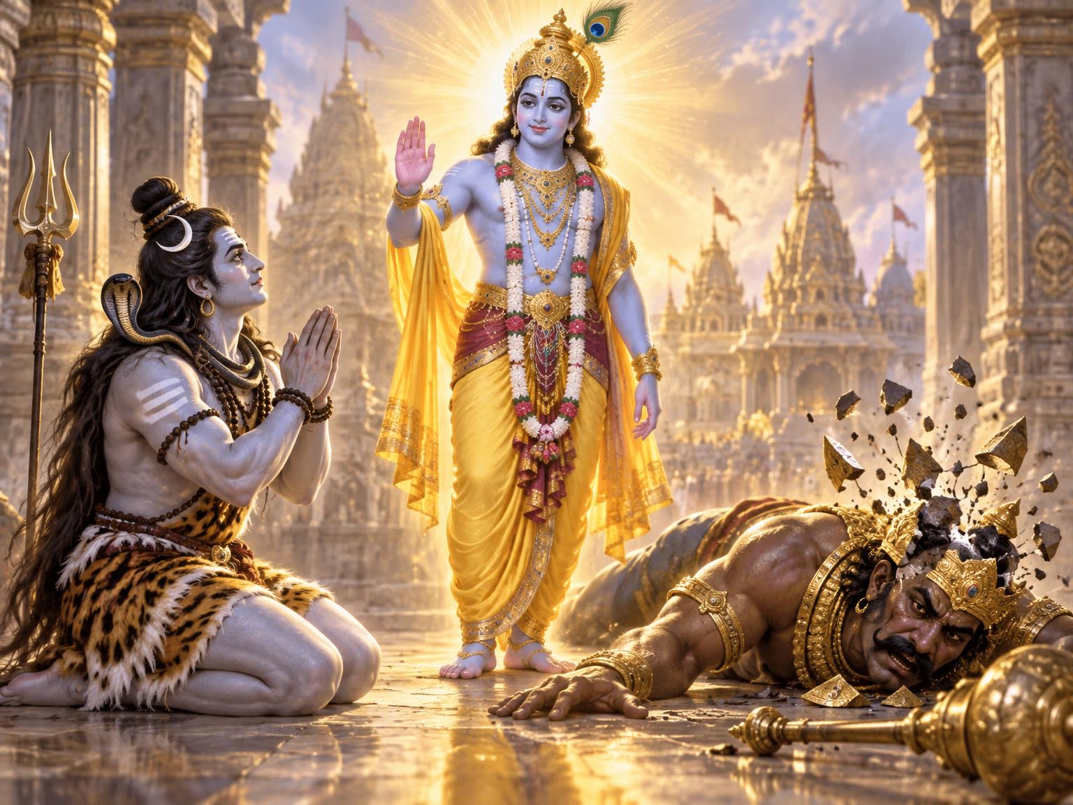 Shiva kneels before the radiant Krishna, who stands between the fallen demon and the god, his blessing hand raised as the demon's own boon shatters his head, revealing love's victory over pride.
