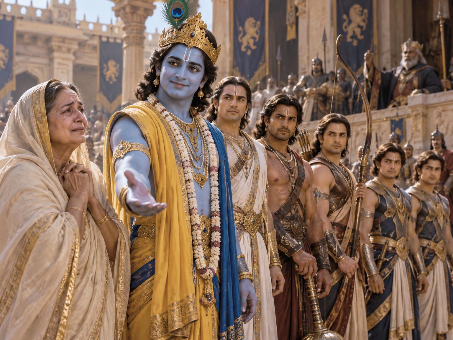 In the courtyard of Hastinapur, Krishna appears as a humble friend, his gentle smile and outstretched hand offering protection as Kunti watches tearfully, her sons standing ready beside him.