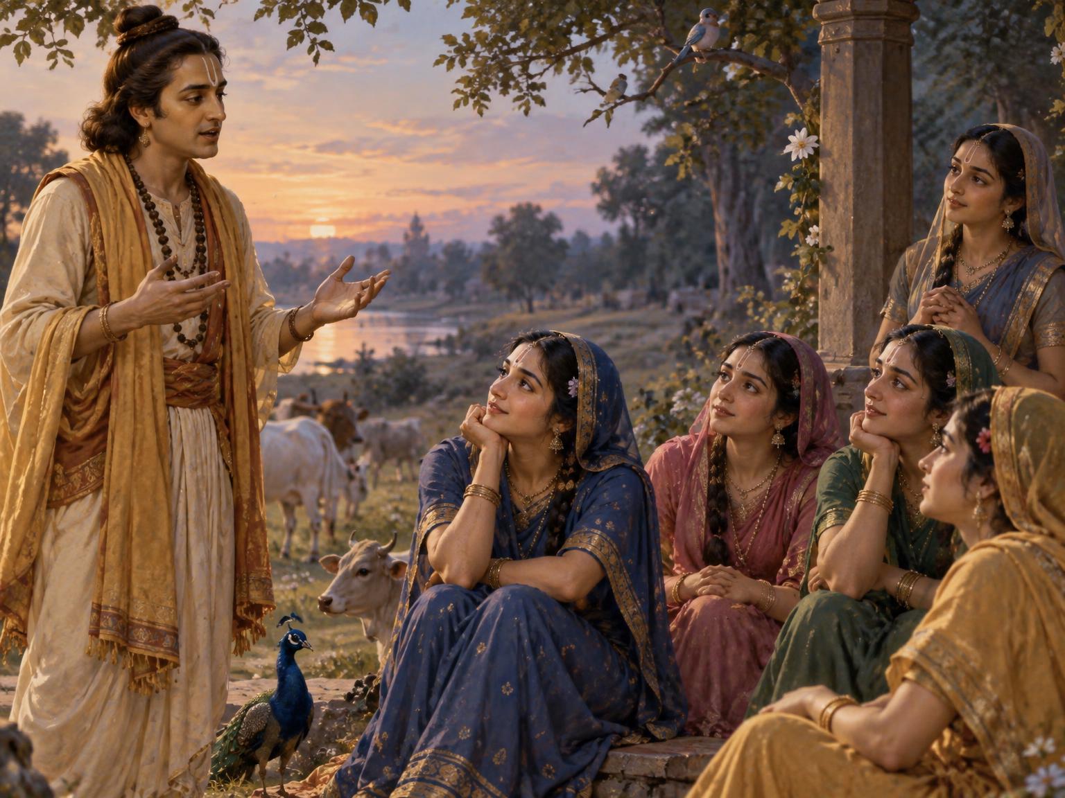 Uddhava, standing nearby, declares that their love has turned the whole world into a messenger of Krishna, and that their devotion has already reached its fulfillment.
