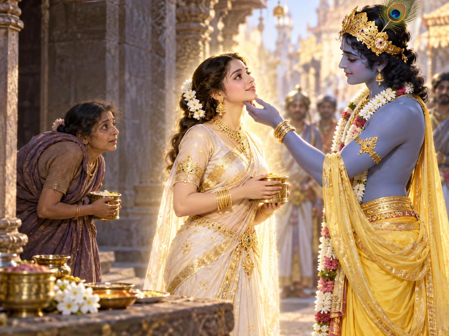 As Krishna’s loving touch lifts the hunchbacked maiden, her deformed form dissolves into radiant grace, her body shining like moonstone and her heart overflowing with pure devotion.