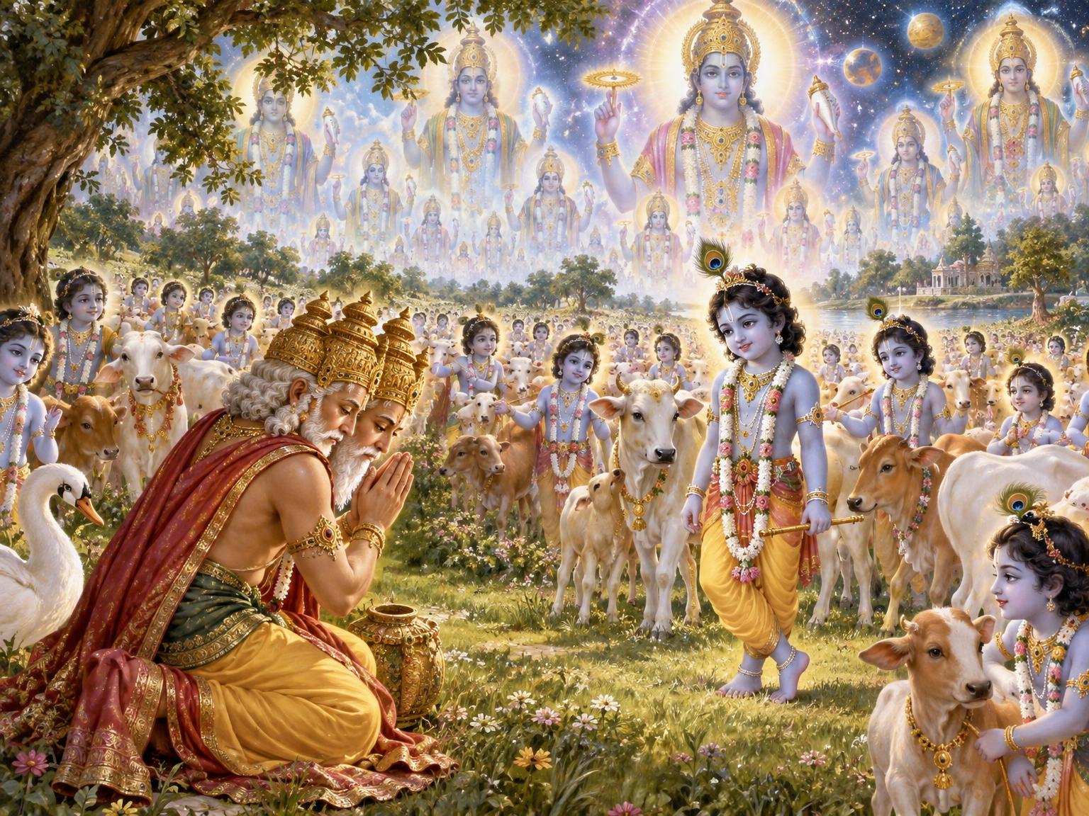 Brahma bows before Krishna, realizing that every boy and calf is none other than Vishnu Himself, a truth that overwhelms even the creator's wisdom.
