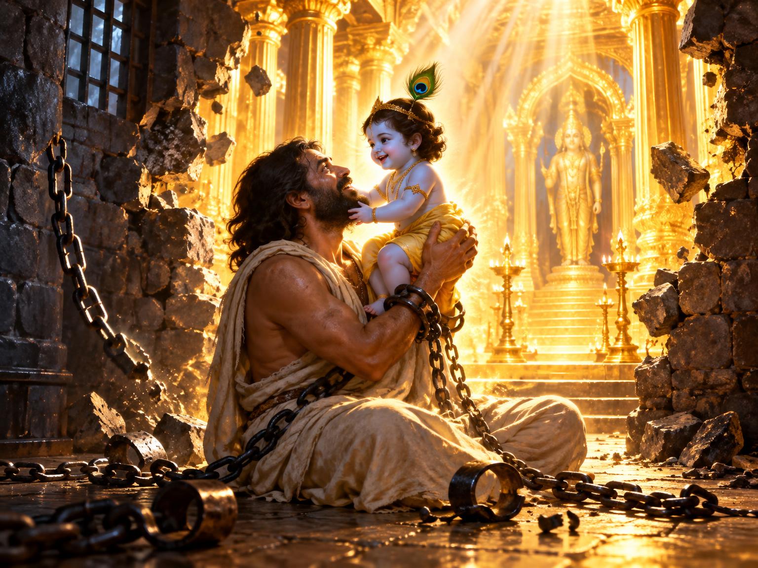 As the prison walls shudder and chains fall away, the dark cell blazes into a radiant temple where the bound father cradles the divine child, turning fear into faith and clay into gold.