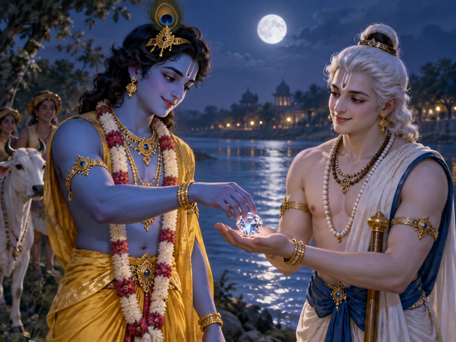 Under the moonlit Yamuna, Krishna placed the gem of arrogance into Balrama’s palm—not as spoils, but as a sacred offering, for His victory was complete only in sharing joy with His devoted brother.