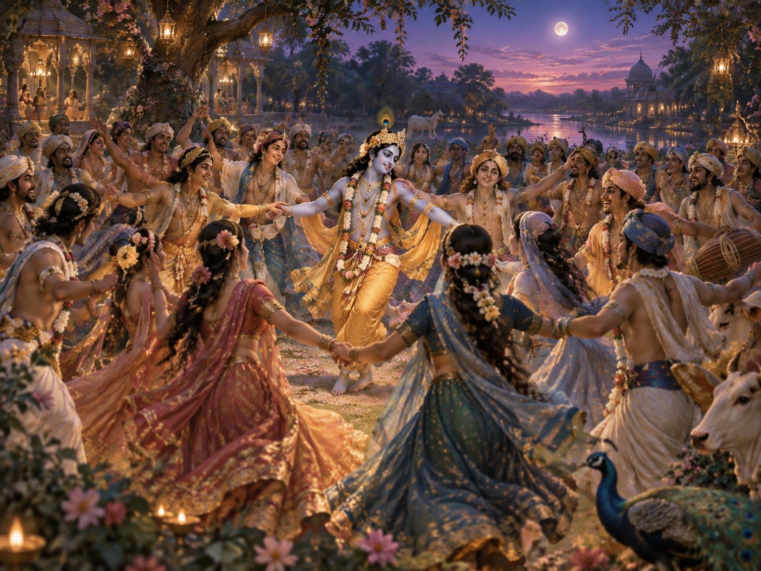 Under the eternal twilight of Vrindavan’s sky, the Yadavas—eyes alight with devotion, hearts overflowing—dance in a sacred circle with Krishna and His companions, their movements weaving into the rhythm of sacred chant, their souls blooming like lotuses in His divine embrace, lost forever in the boundless dance of love.