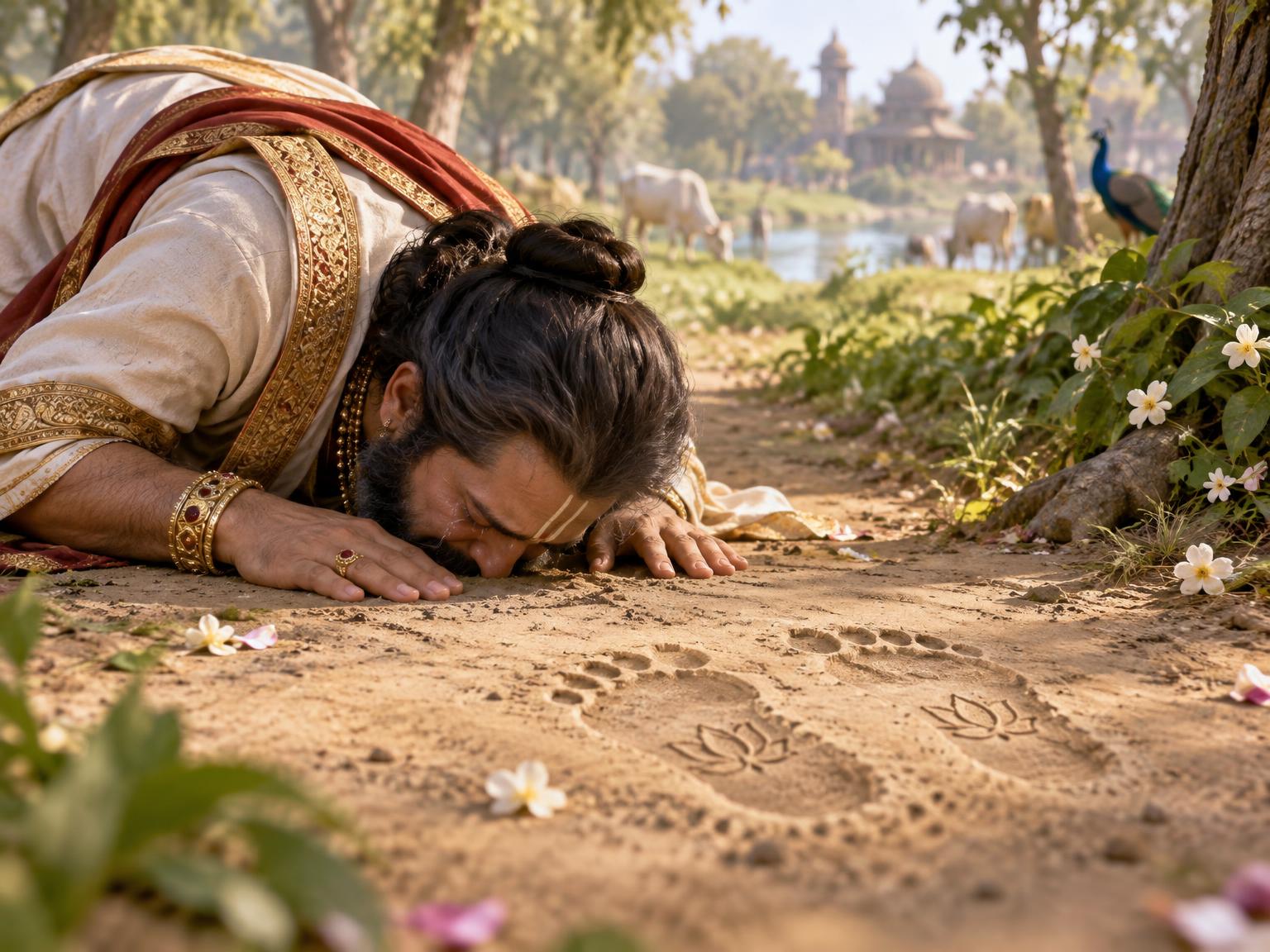 Seeing the lotus‑foot prints of Krishna in Vrindavan’s dust, Akrura fell prostrate, embracing the holy ground with tears of devotion.